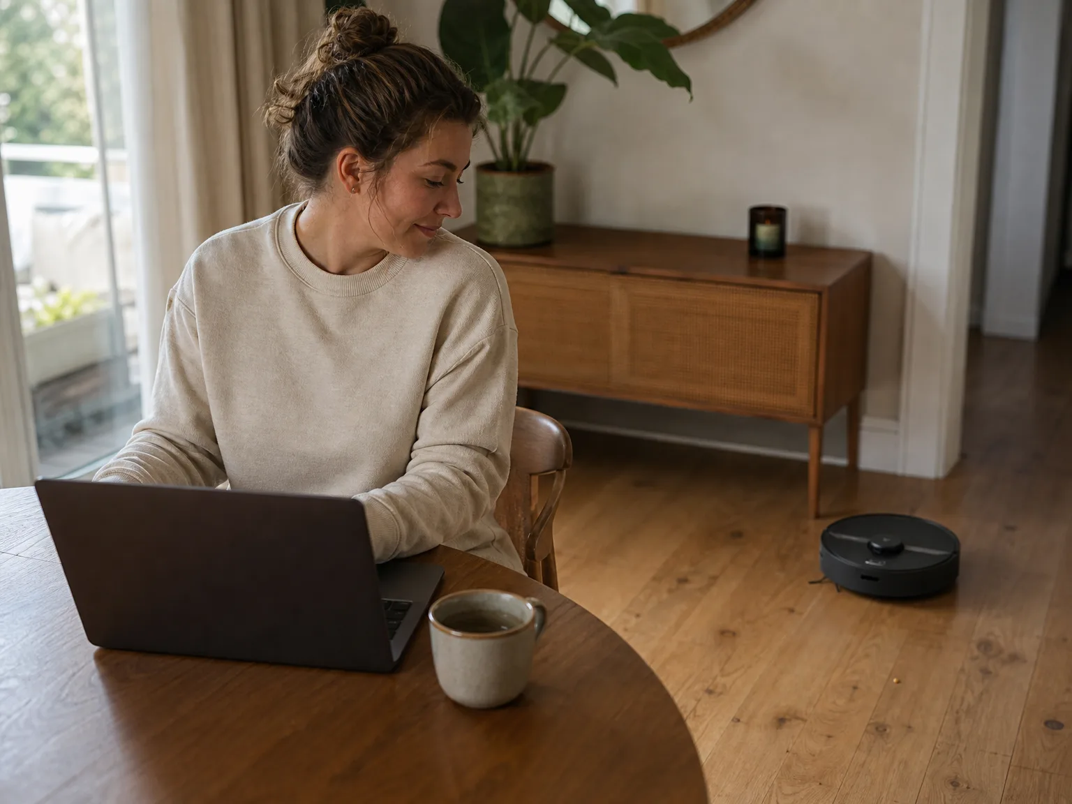 A woman in her early thirties working at a dining table with a laptop while a robot vacuum cleans the hardwood floor behind her in a sunlit room