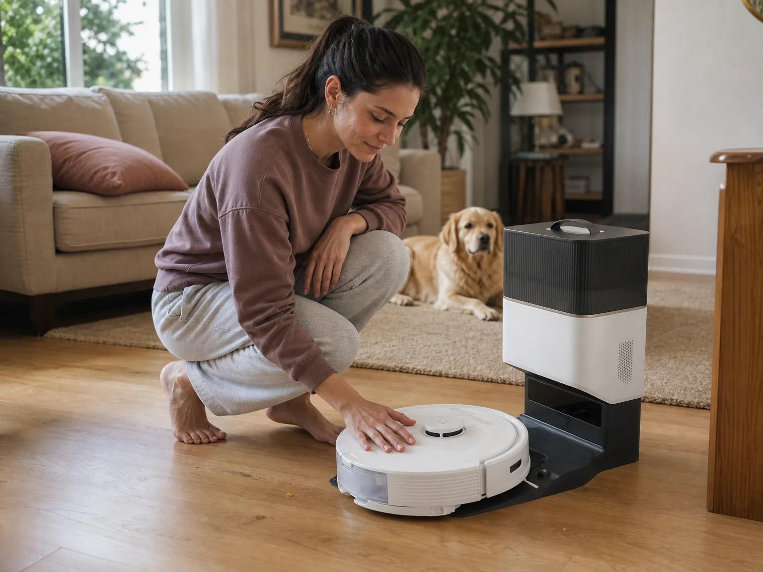 Woman in her early thirties crouching beside a white robot vacuum on sunlit hardwood while a dog rests on a rug nearby