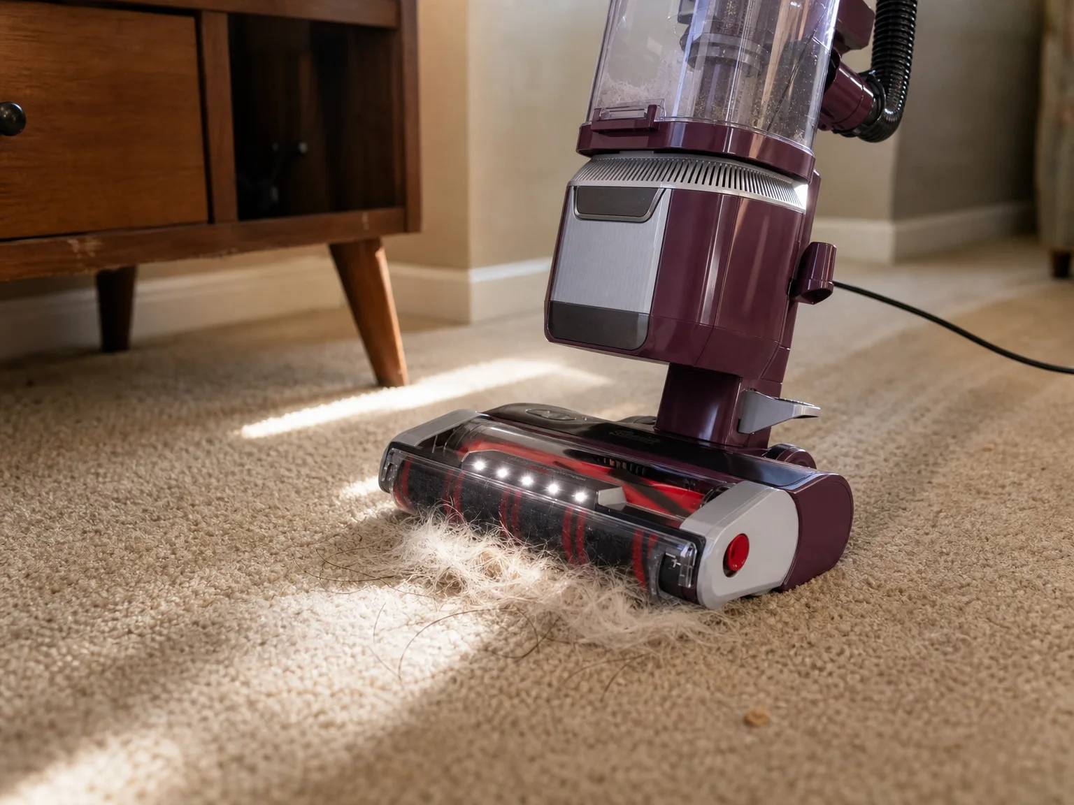 Close-up of an upright vacuum's DuoClean brush head lifting a band of pale dog hair and long human hair out of medium-pile beige carpet