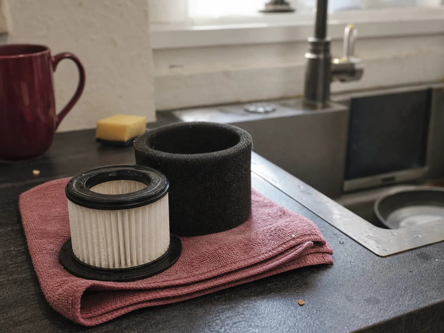 Two rinsed vacuum filters, a pleated round filter and a black foam sleeve, air-drying on a folded dusty rose towel beside a kitchen sink