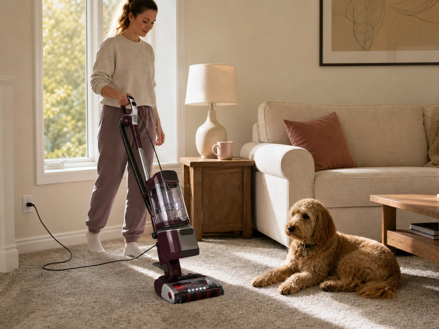 Woman in her early thirties pushing a purple upright vacuum across a medium-pile living room carpet in warm morning light with a dog resting nearby