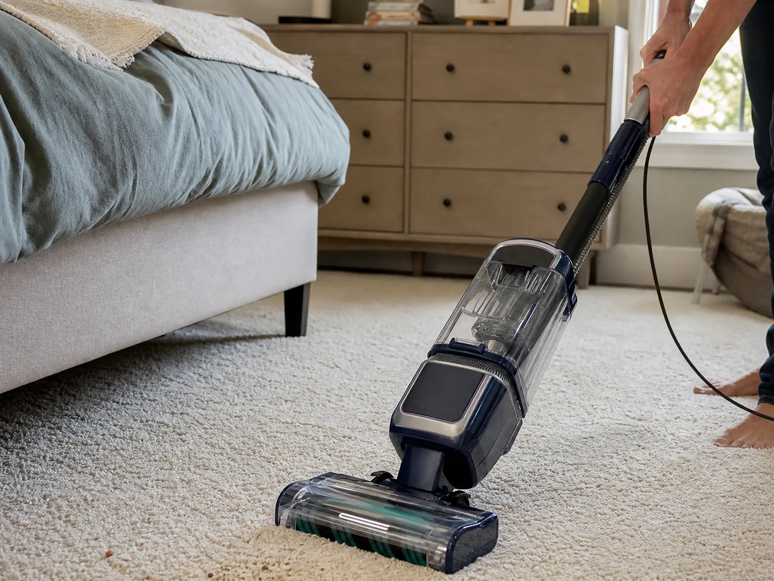 Hands gripping the handle of a full-size upright vacuum being pushed across a thick cream carpet, with visible effort in the forward lean