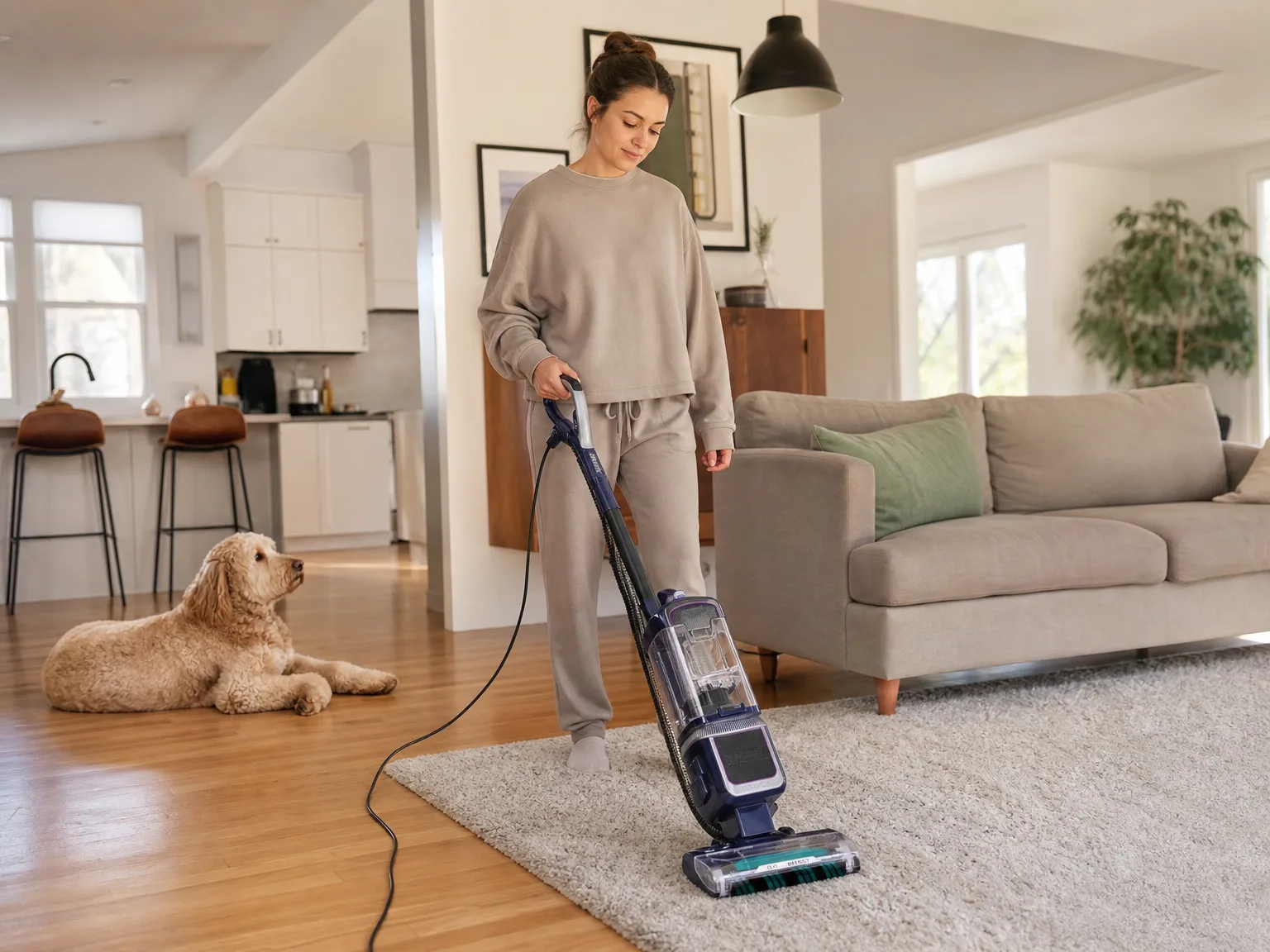 Woman in her early thirties pushing an upright vacuum across a sunlit living room with a medium-pile rug and a dog resting nearby on the hardwood