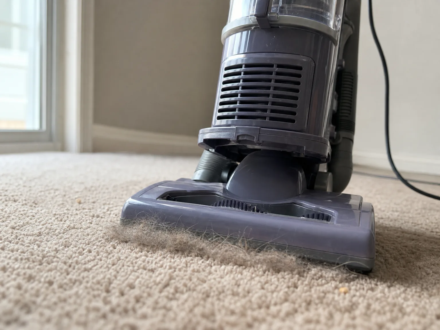 Close-up of an upright vacuum floor head lifting a thick line of gray pet hair out of a beige medium-pile carpet