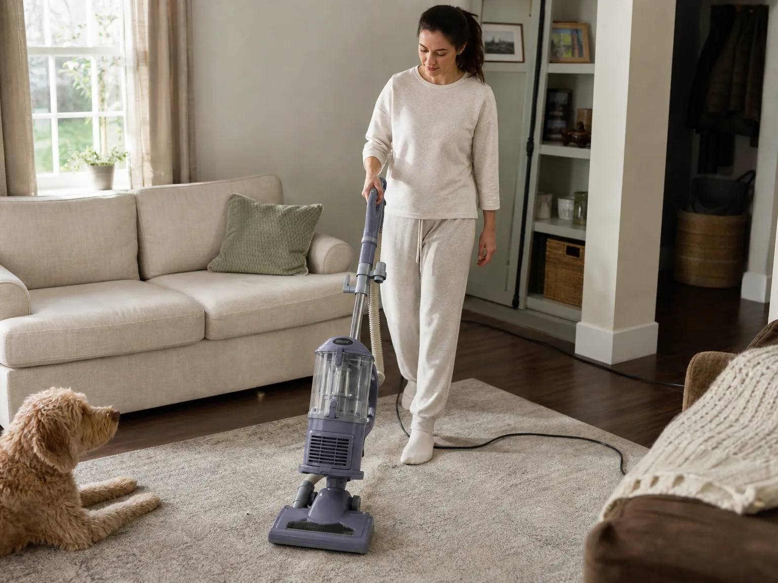 Woman in her early thirties pushing a corded upright vacuum across a sunlit living room carpet while a dog watches from the hardwood nearby