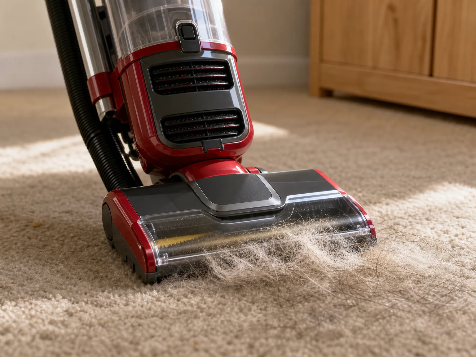 Close-up of an upright vacuum brush head pulling a thick band of pet hair and long human hair out of a medium-pile beige carpet