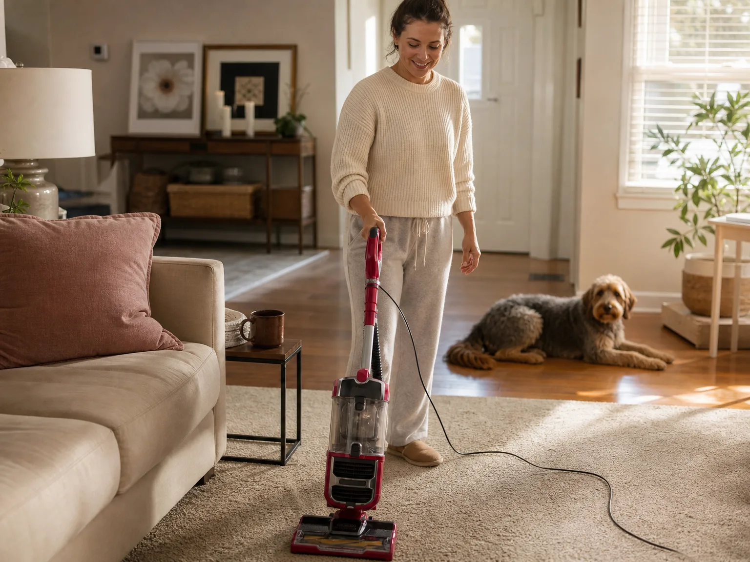 Woman in her early thirties pushing a red upright vacuum across a medium-pile living room carpet in warm morning light with a dog resting nearby