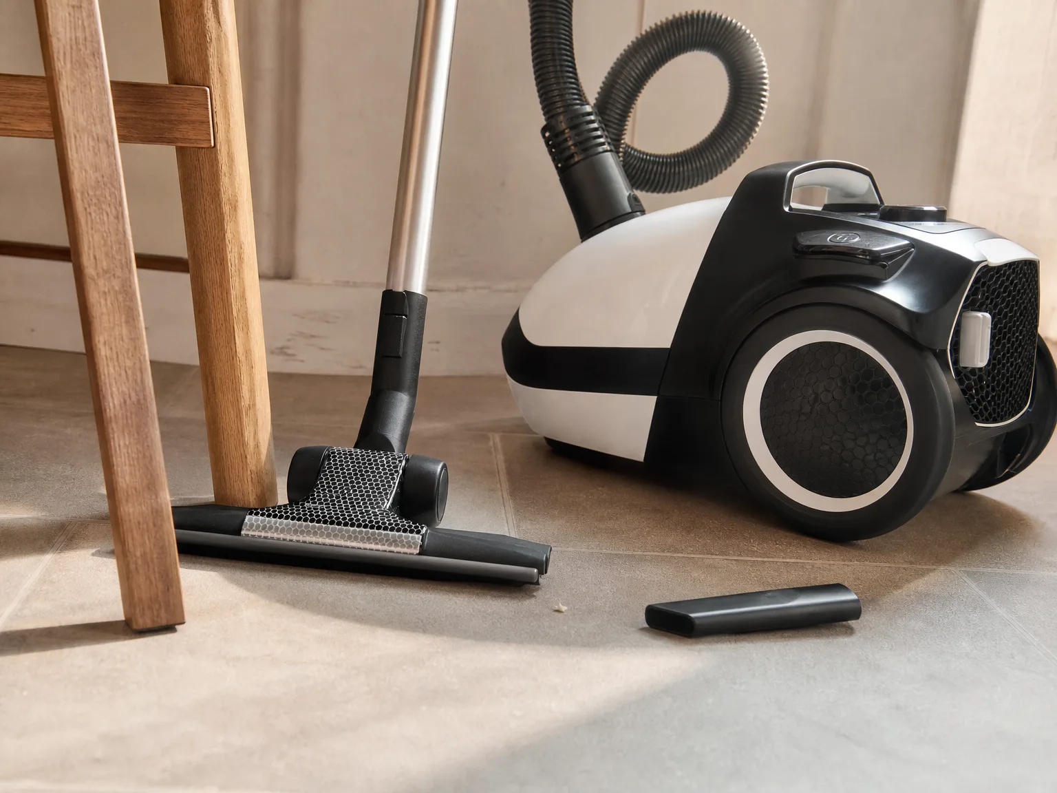 Close-up of a canister vacuum floor tool wedged against a wooden chair leg on tile, a loose crevice tool lying beside it