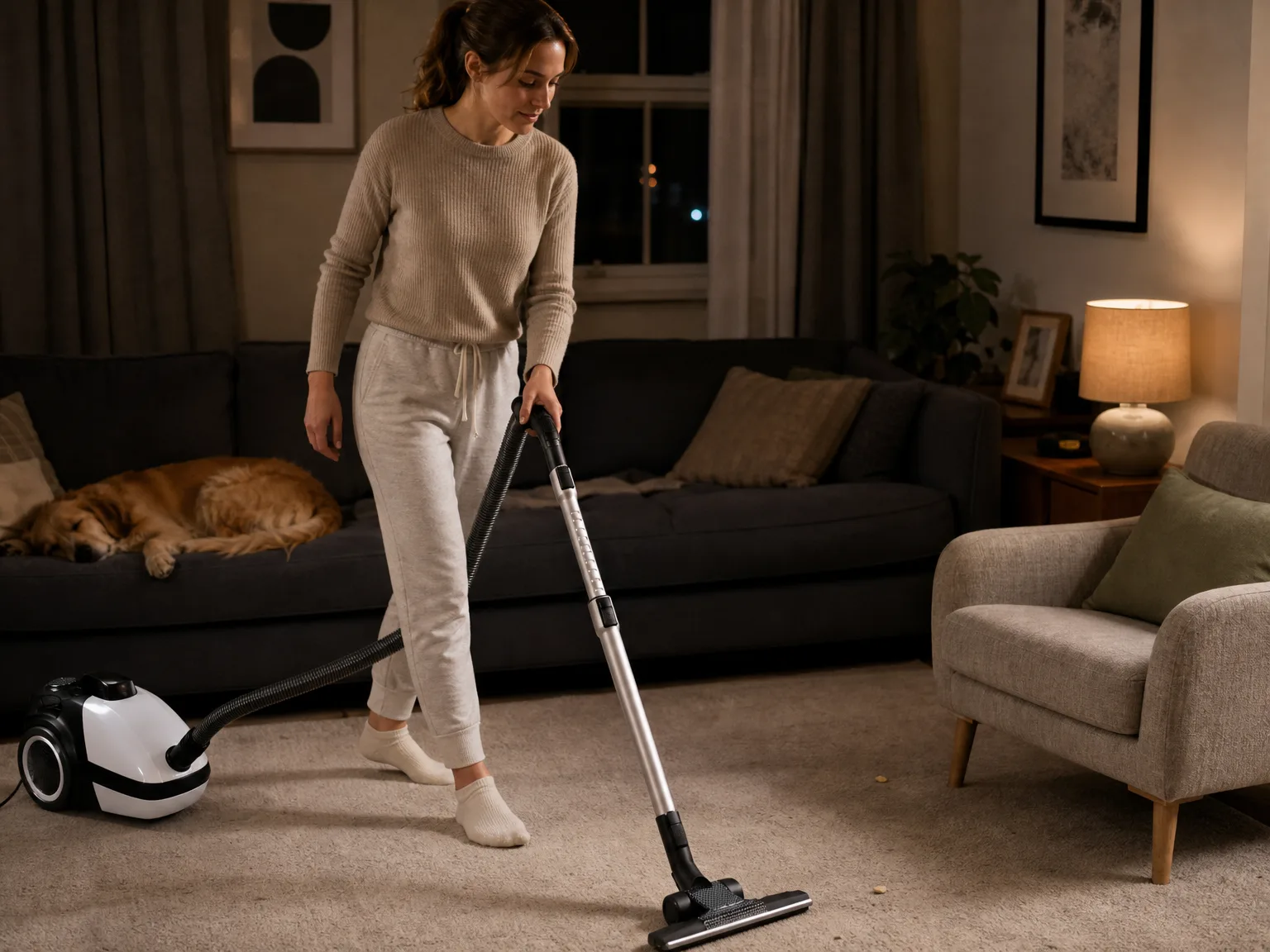Woman in her early thirties pulling a canister vacuum across a low-pile wool rug in a dim evening living room lit by one warm lamp
