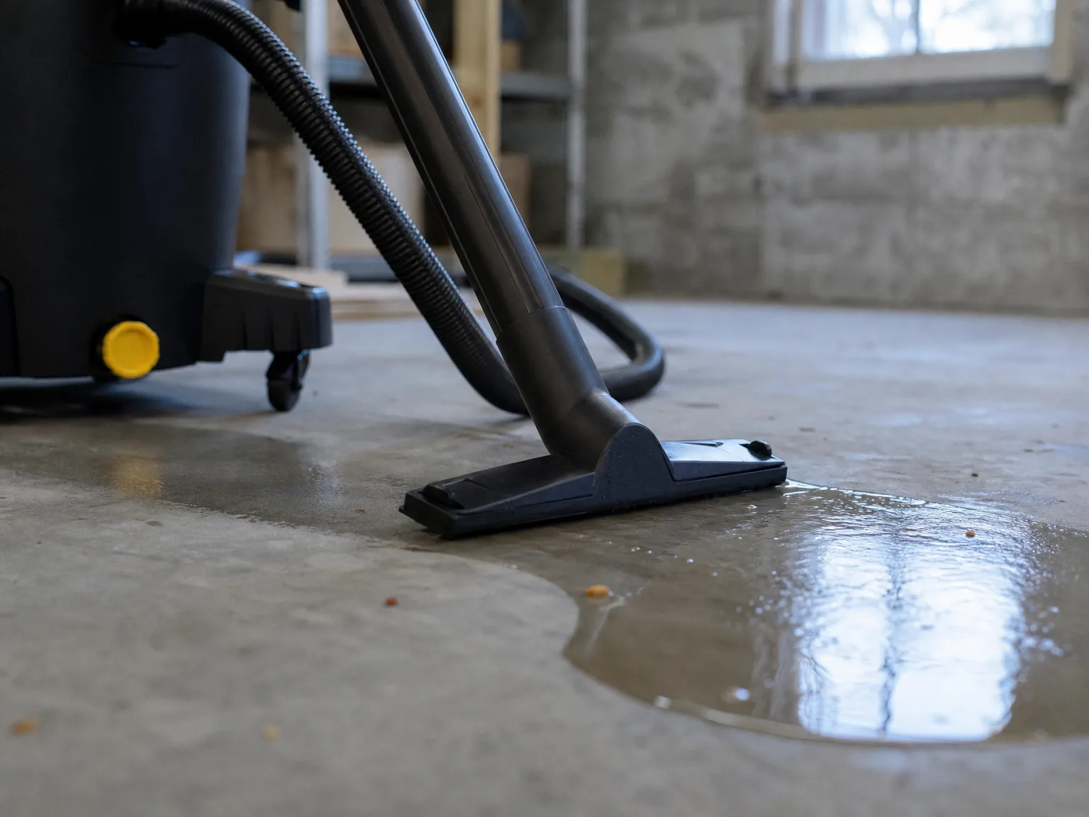 Close-up of a shop vacuum nozzle pulling standing water off a gray concrete basement floor near a floor drain