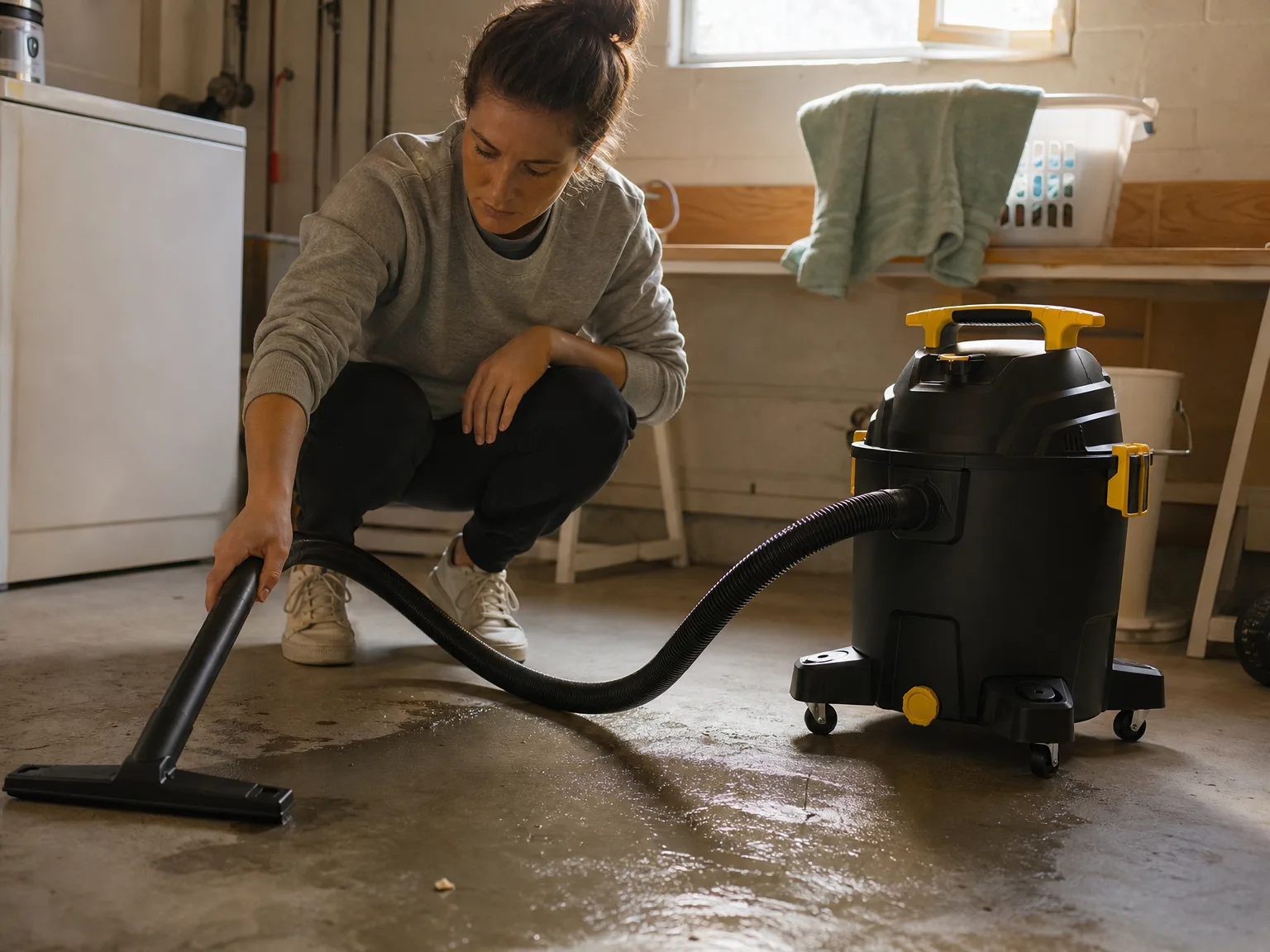 Woman in her thirties crouching beside a large shop vacuum in a sunlit basement utility room, guiding the hose across a damp concrete floor