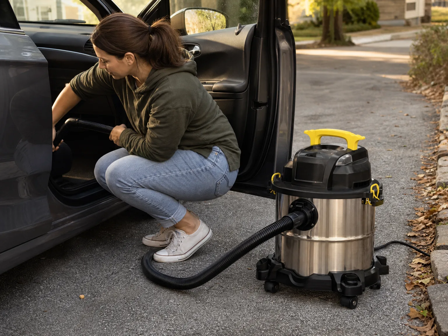 Woman in casual clothes crouching beside an open car door with a shop vacuum hose, cleaning grit from the footwell in morning light