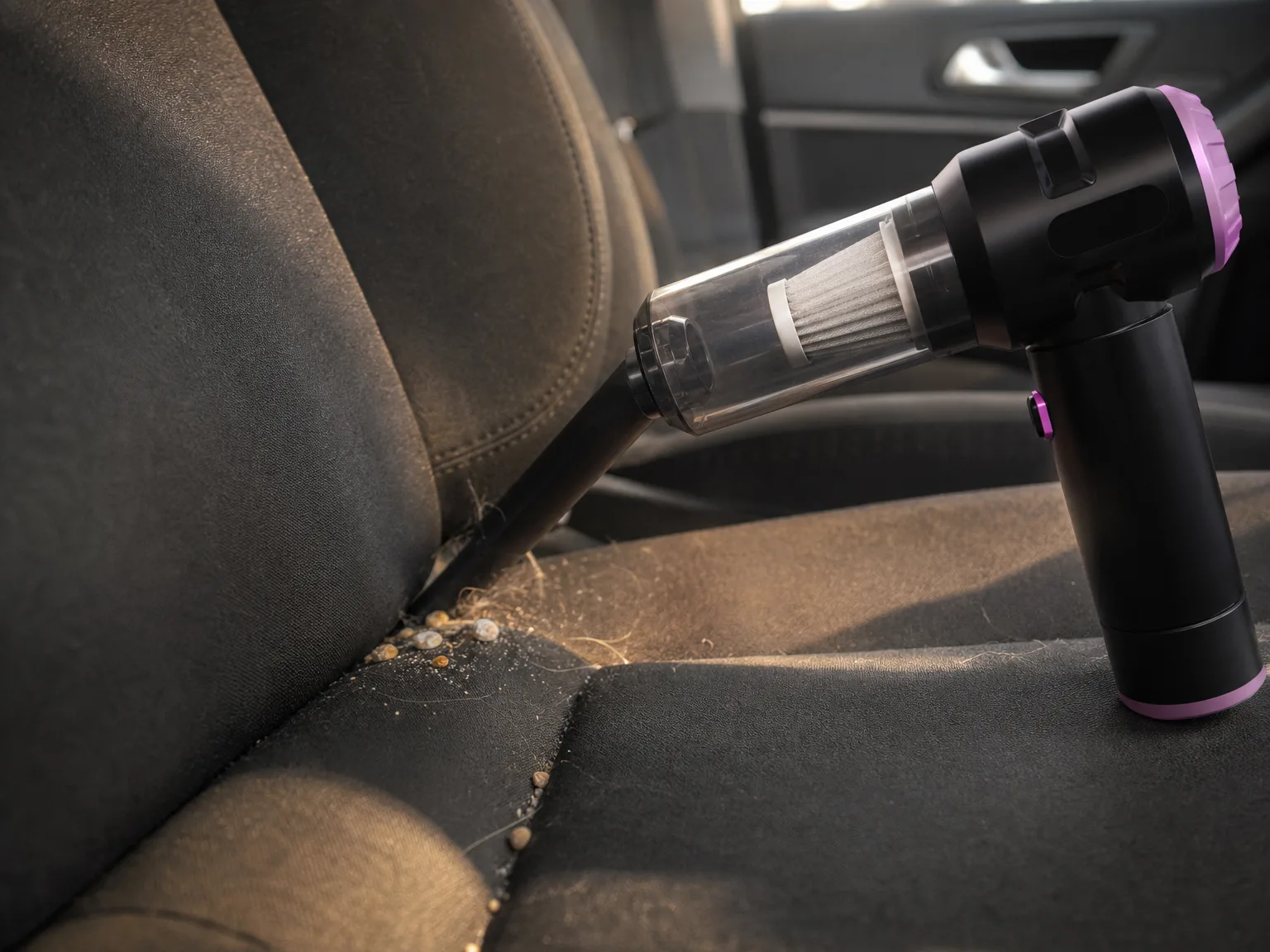 Close-up of a purple handheld vacuum nozzle pulling crumbs and pet hair out of the seam between two car seat cushions