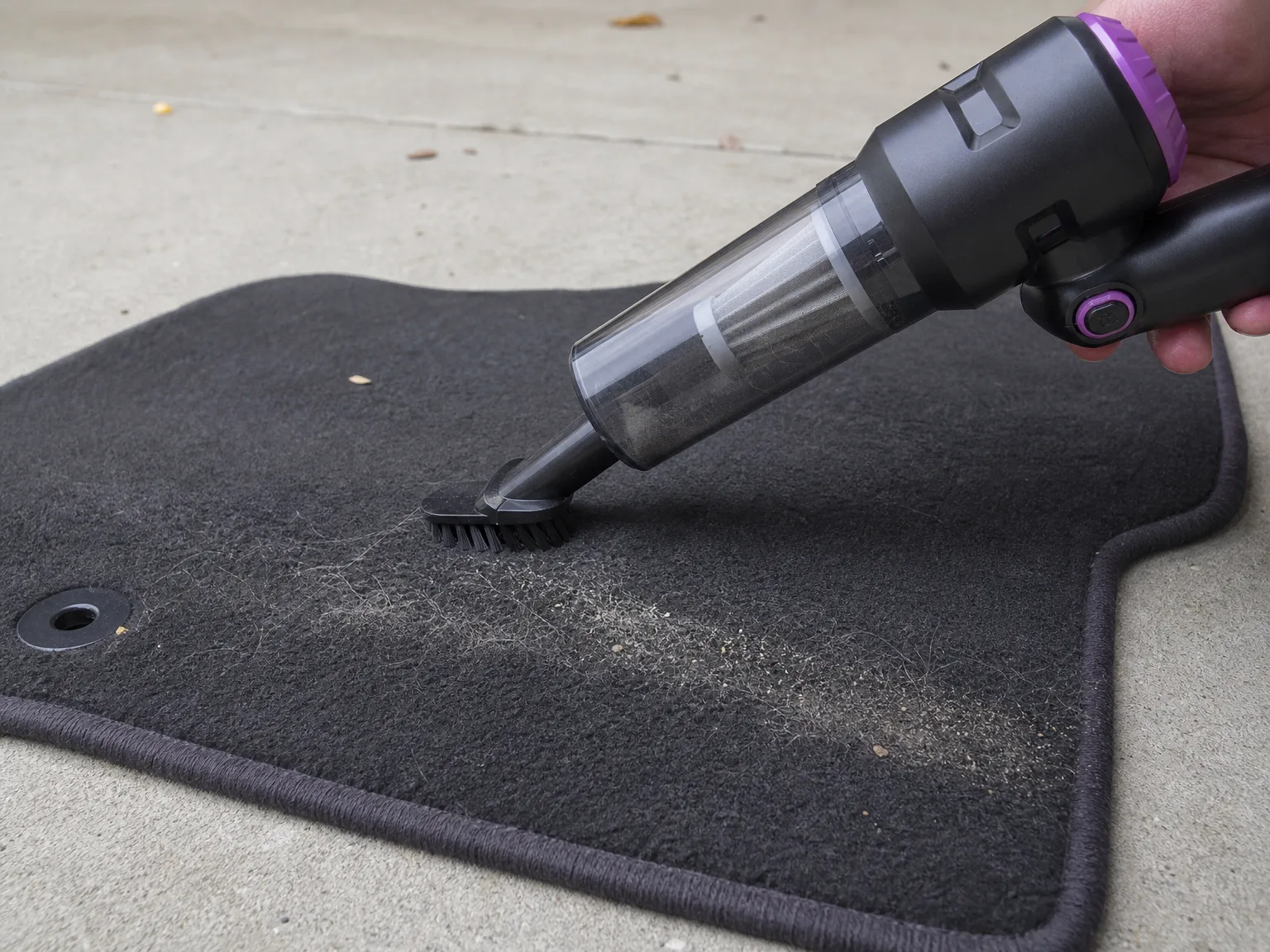 Close-up of a purple handheld vacuum brush head pressed into a thick carpeted car floor mat with pet hair still worked into the fibers