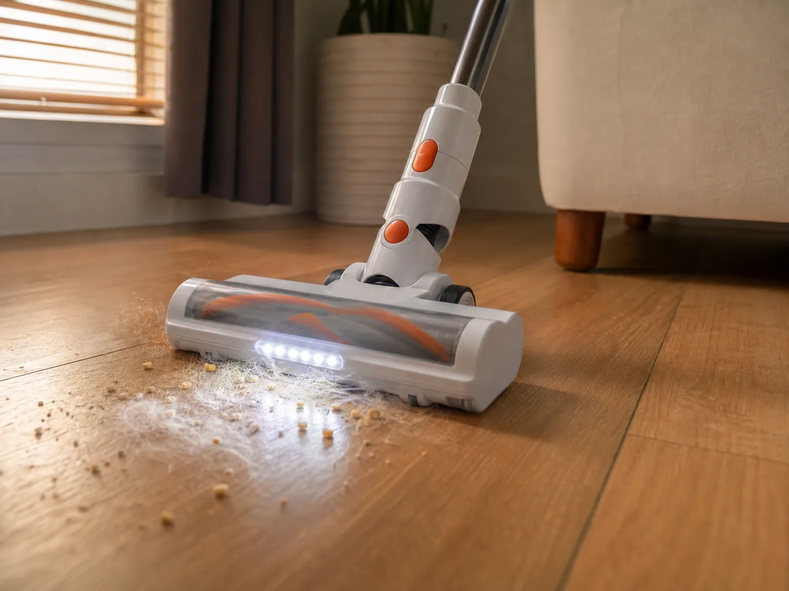 Close-up of a cordless vacuum brush head lifting a clump of pet hair from warm hardwood flooring with its headlight illuminating the dust ahead of it