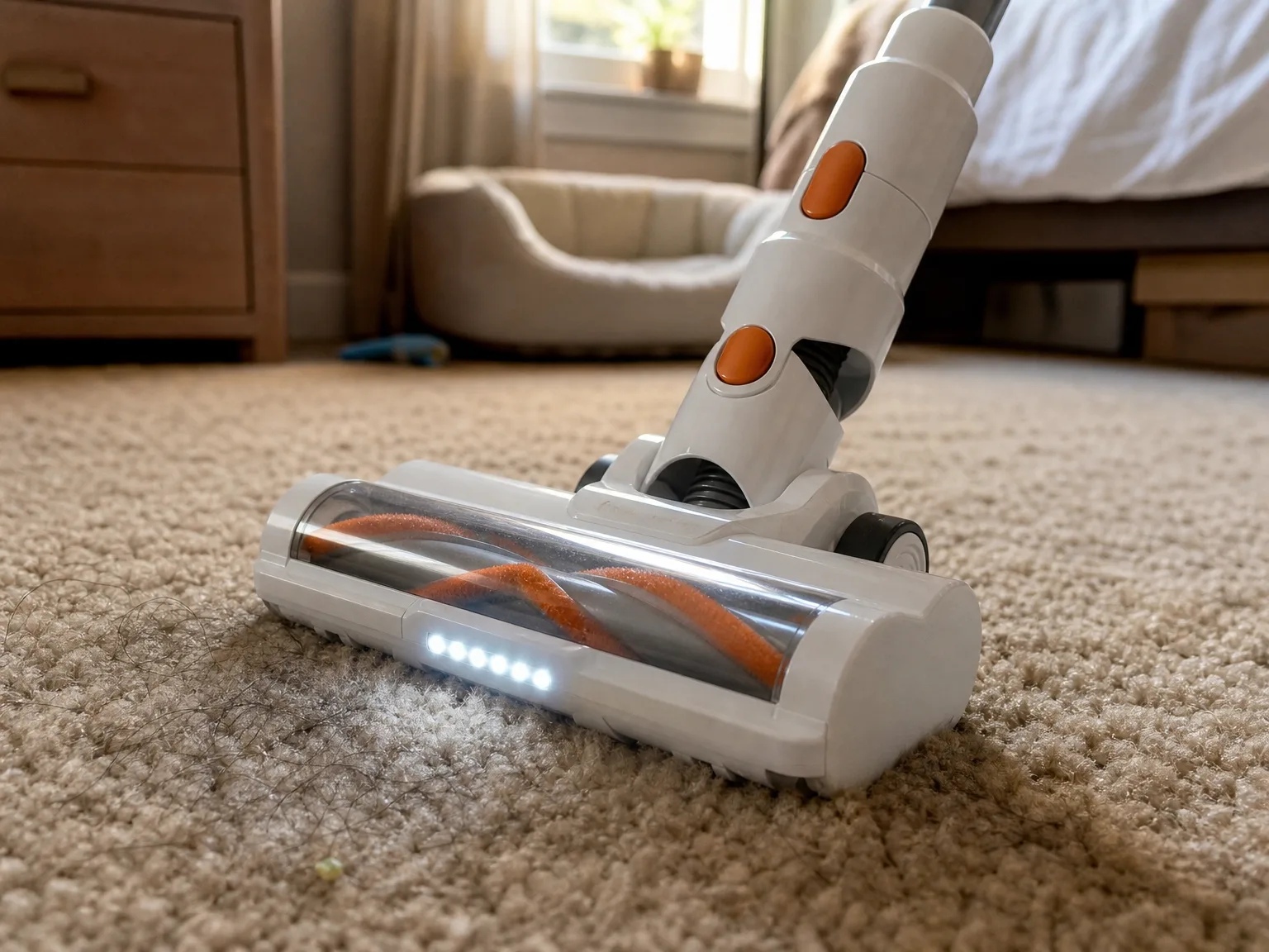 Close-up of a cordless vacuum brush head pressed into thick medium-pile beige carpet with strands of pet hair still visible worked down into the fibers