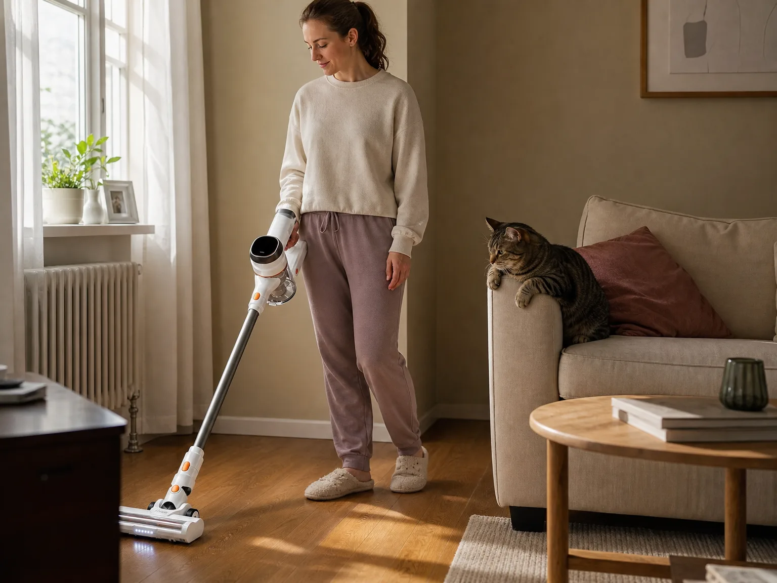Woman in her thirties running a lightweight cordless stick vacuum across sunlit hardwood in a living room while a cat watches from a cream sofa
