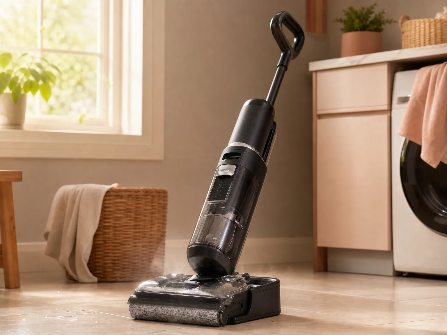 A close-up of a wet dry vacuum self-cleaning dock with the brush roller spinning, warm morning light through a window