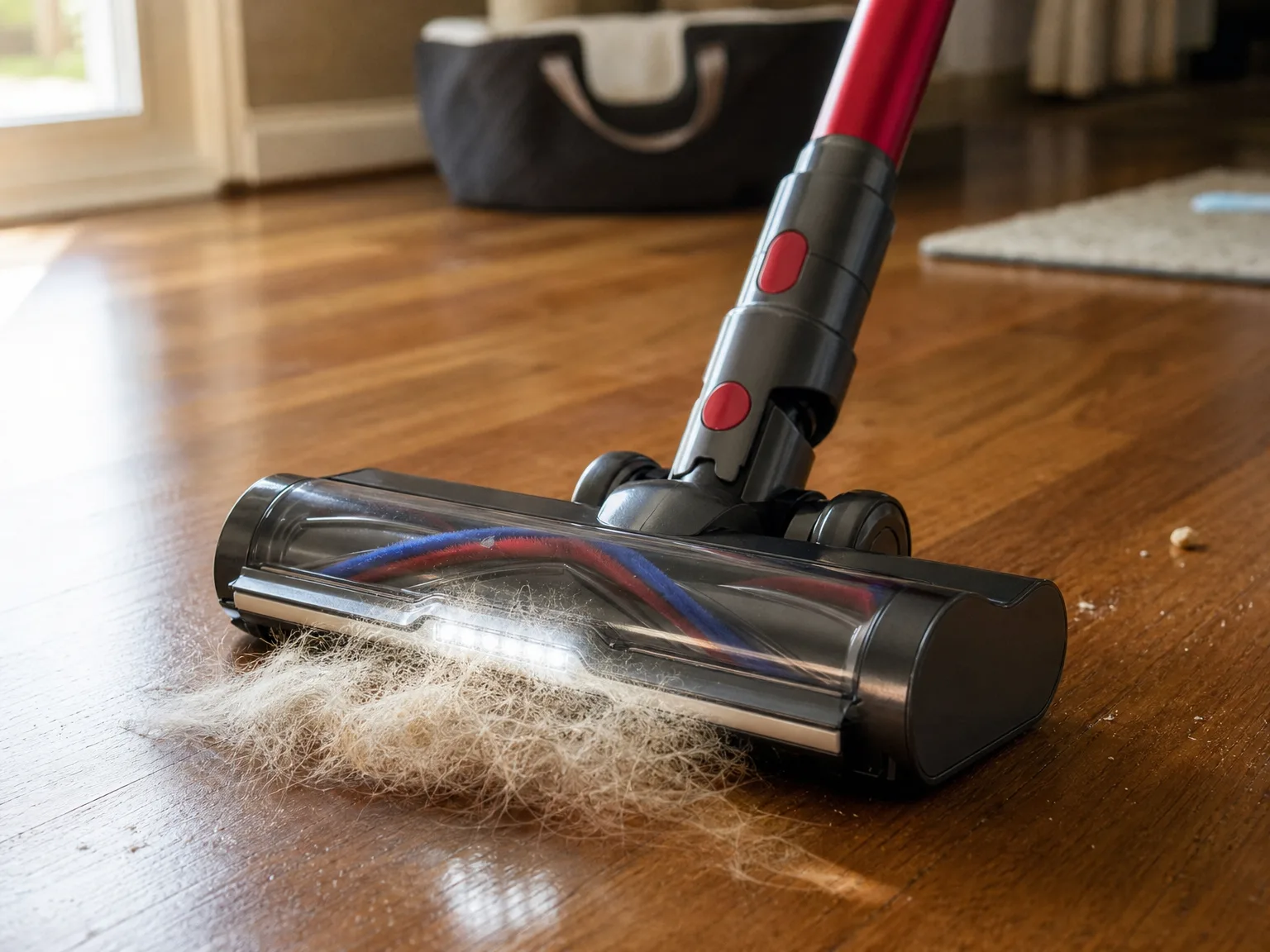 Close-up of a cordless vacuum brush head lifting a thick clump of dog hair off warm hardwood flooring