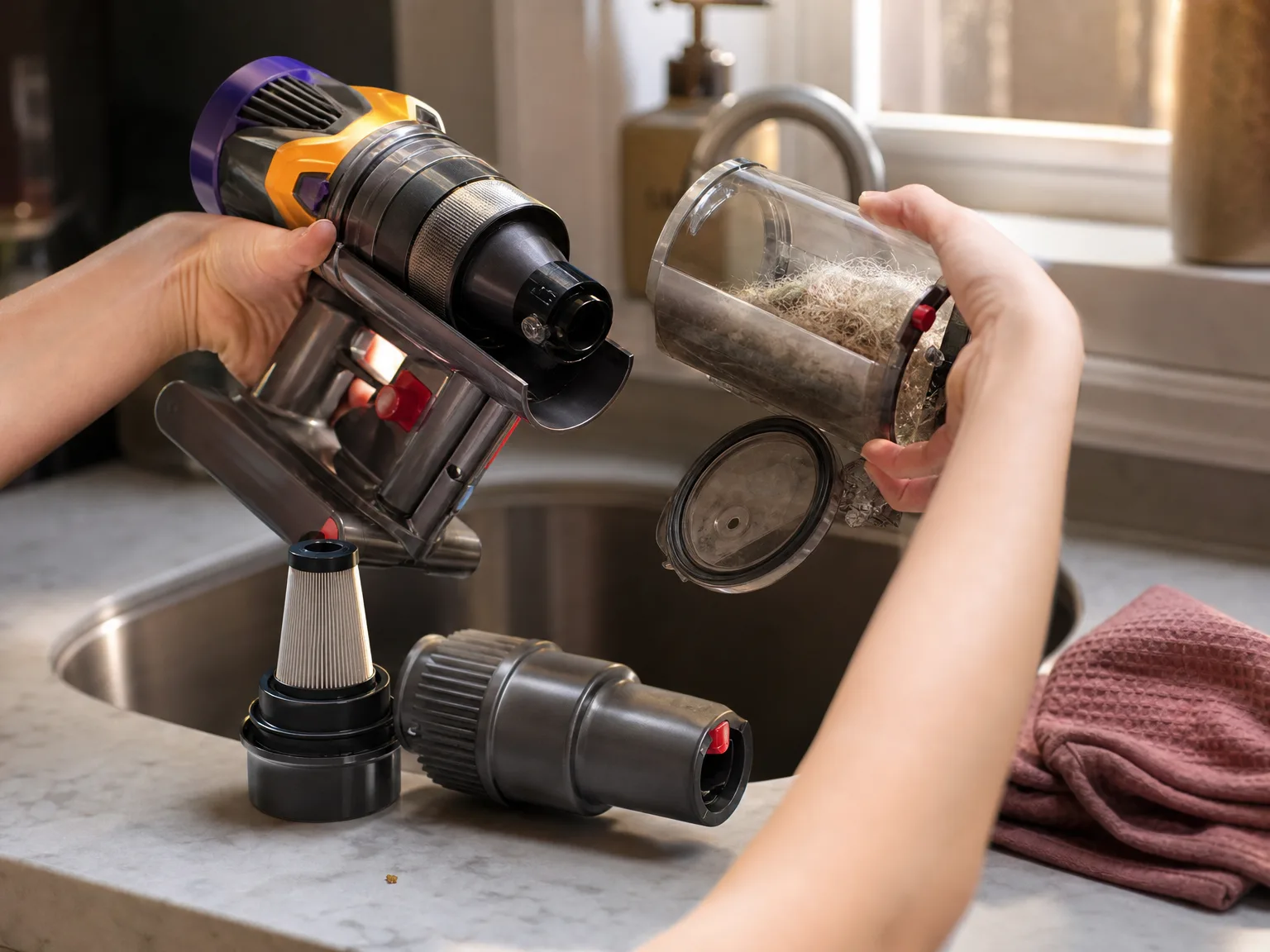 Two hands separating a translucent vacuum dust cup packed with matted gray dog hair over a kitchen sink