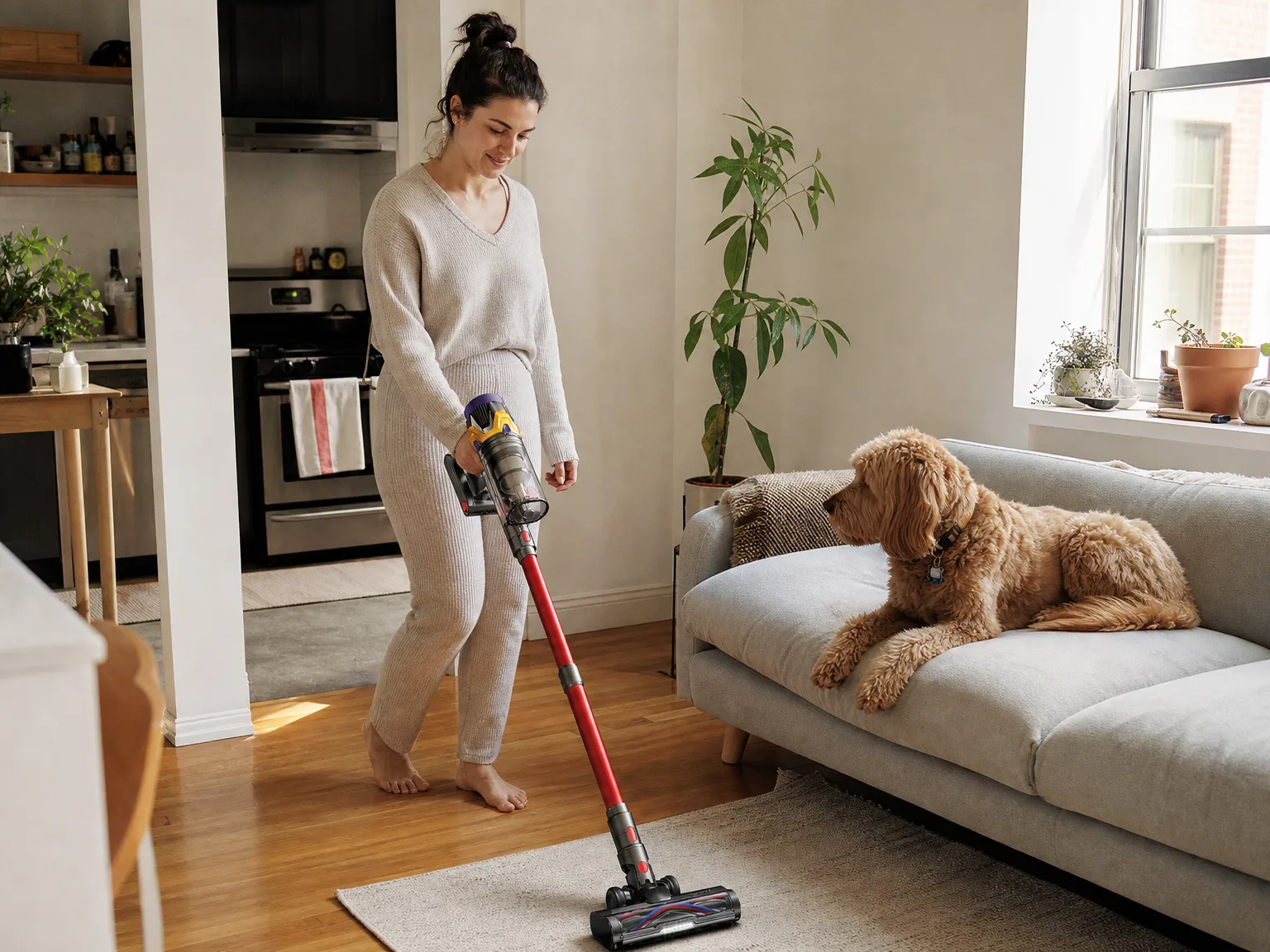 A woman in loungewear running a cordless stick vacuum across sunlit hardwood beside a low-pile area rug with a dog resting nearby