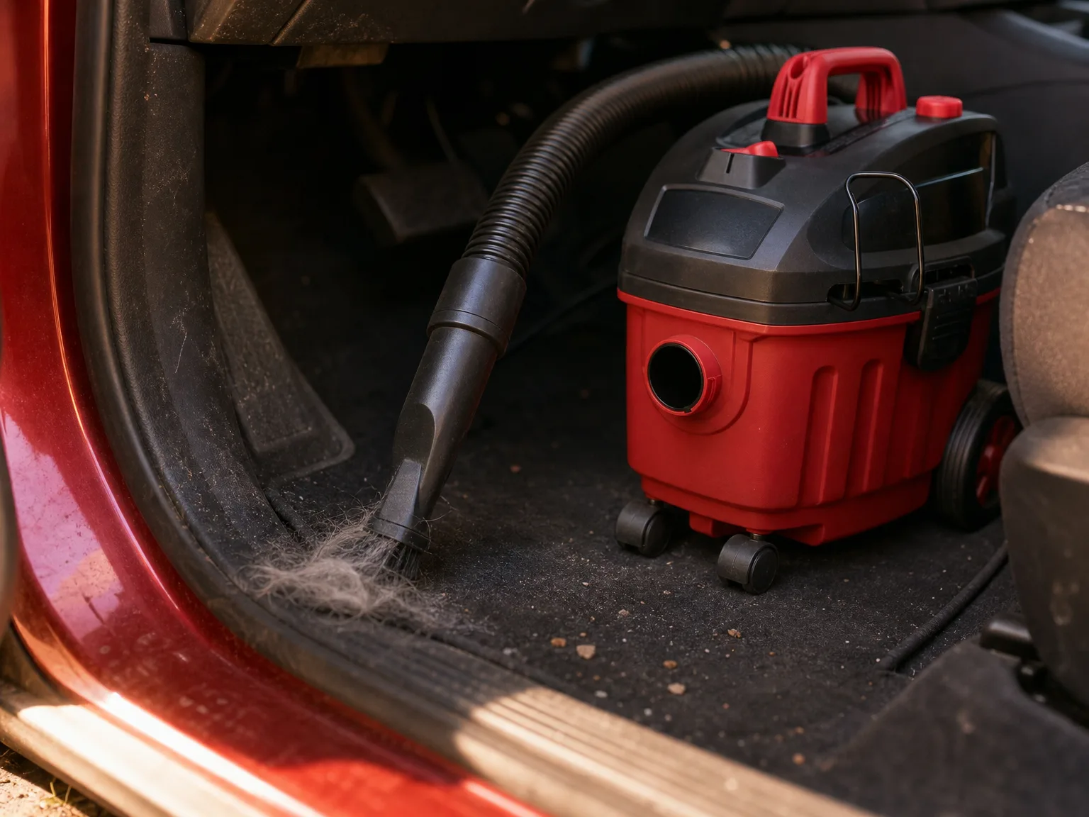 Close-up of a shop vacuum crevice nozzle pulling matted dog hair out of the carpeted footwell of a car