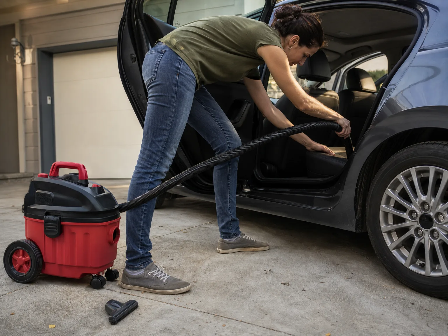 A woman stretching the hose of a compact shop vacuum toward a car back seat while the vac leans back on its wheels and an attachment lies loose on the concrete
