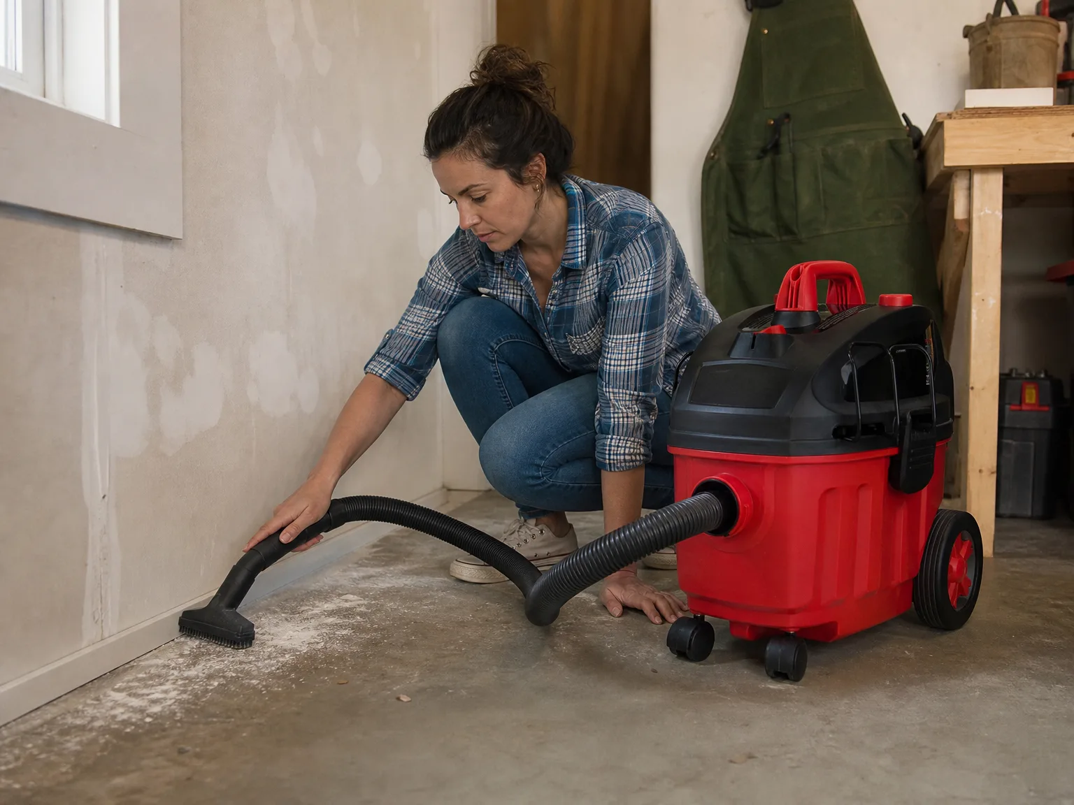 Woman in her early thirties crouching beside a compact wet dry shop vacuum in a sunlit home workshop corner, vacuuming fine white drywall dust along the baseboard