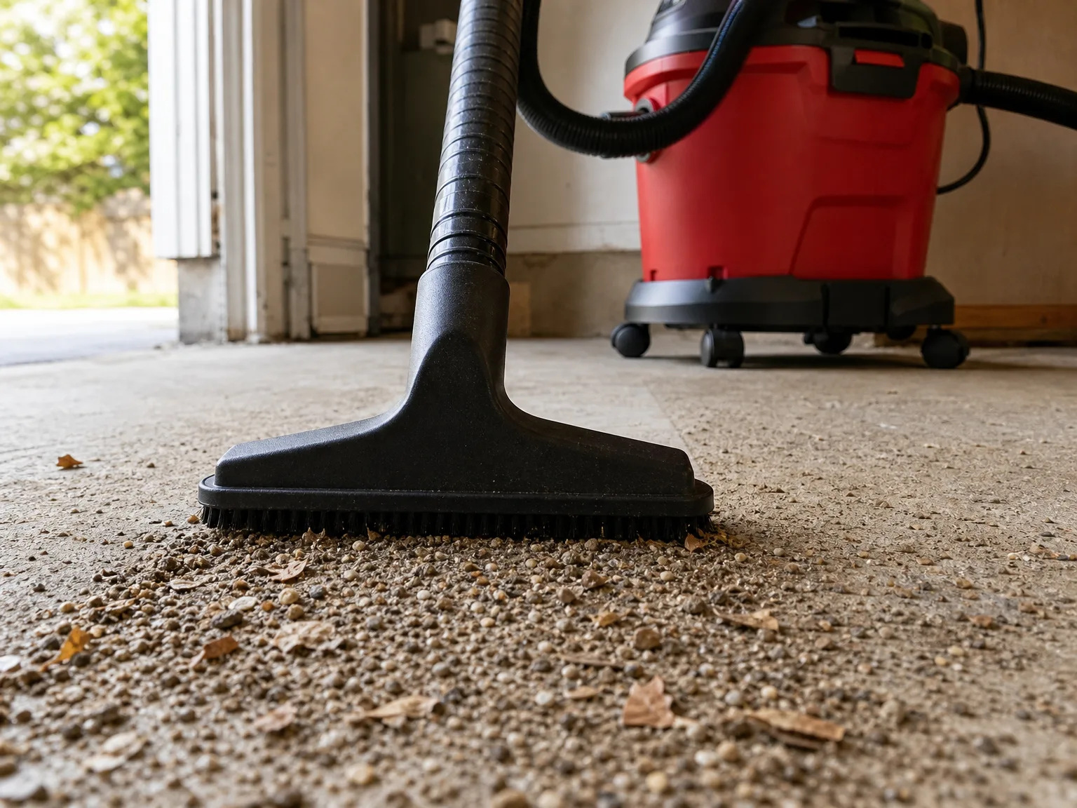 Close-up of a compact wet/dry vacuum nozzle pulling grit and dried leaves off a concrete garage floor