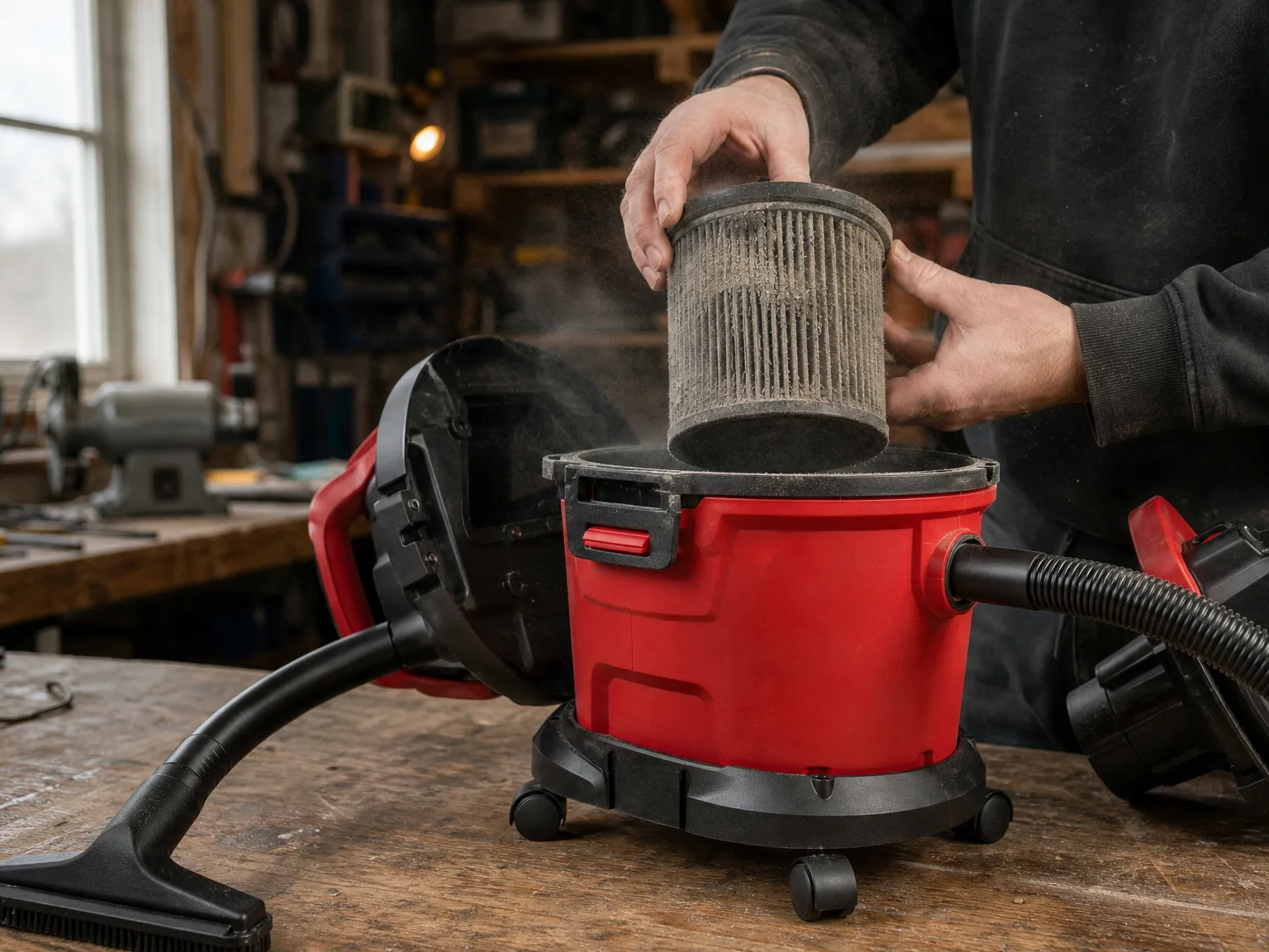 Hands lifting a dust-caked reusable filter out of a small wet/dry vacuum canister on a garage workbench