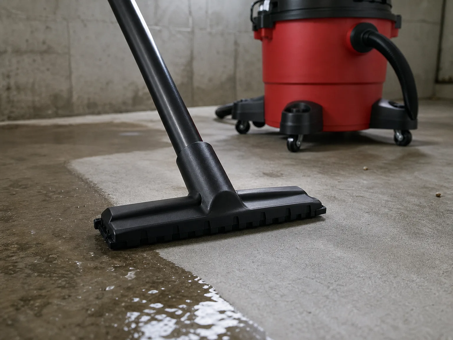 Close-up of a wide shop vac nozzle pulling a sheet of standing water off a bare concrete basement floor