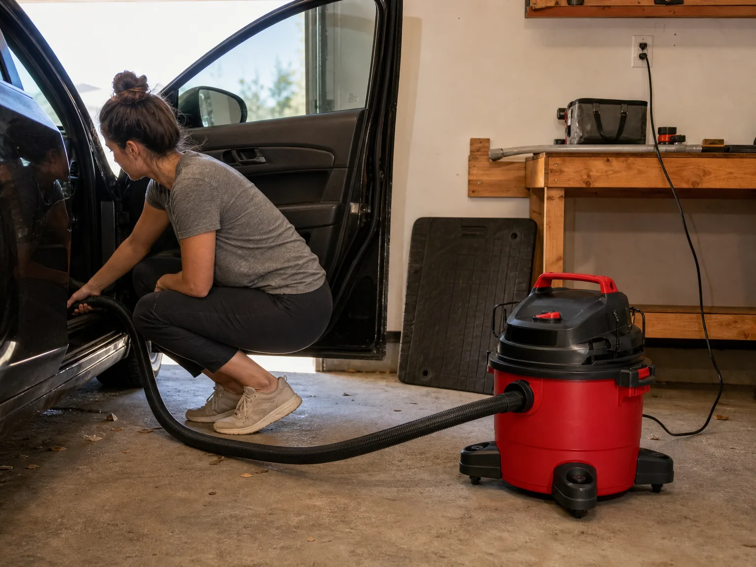Woman in casual weekend clothes crouching beside an open car door in a garage, guiding a shop vac hose across the driver footwell