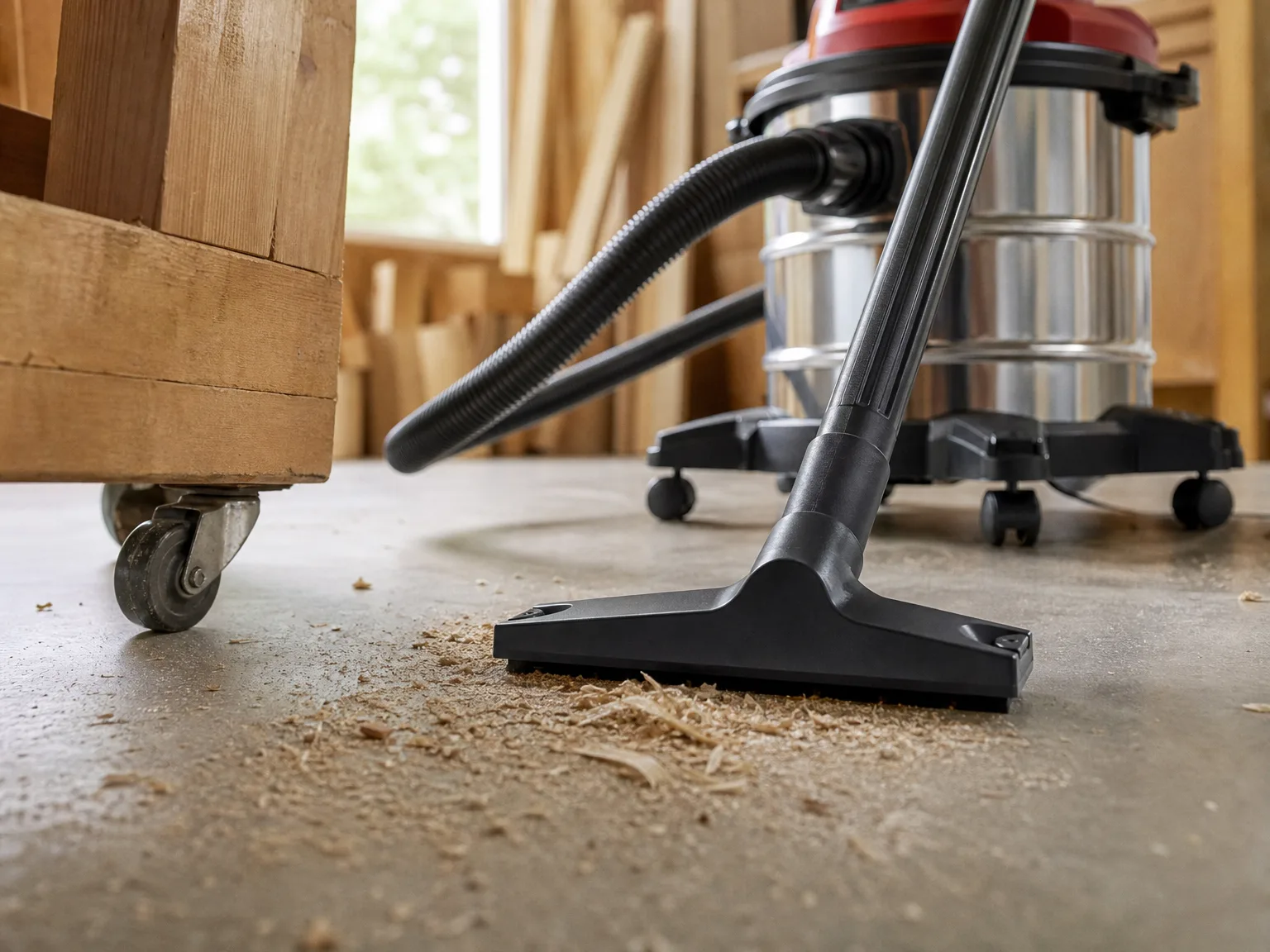 Close-up of a shop vacuum nozzle lifting sawdust and thin wood shavings from a concrete workshop floor beside a workbench leg