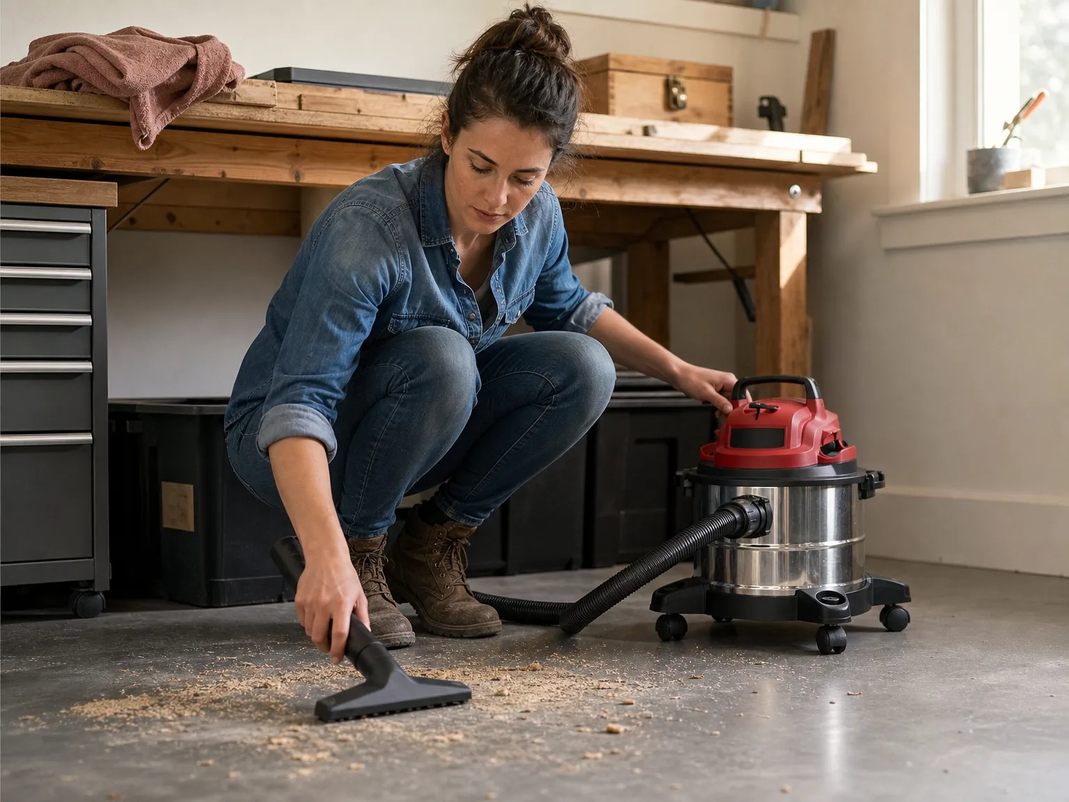 Woman in her early thirties crouching beside a compact stainless steel wet/dry vacuum in a sunlit home workshop, guiding the hose across a concrete floor dusted with sawdust