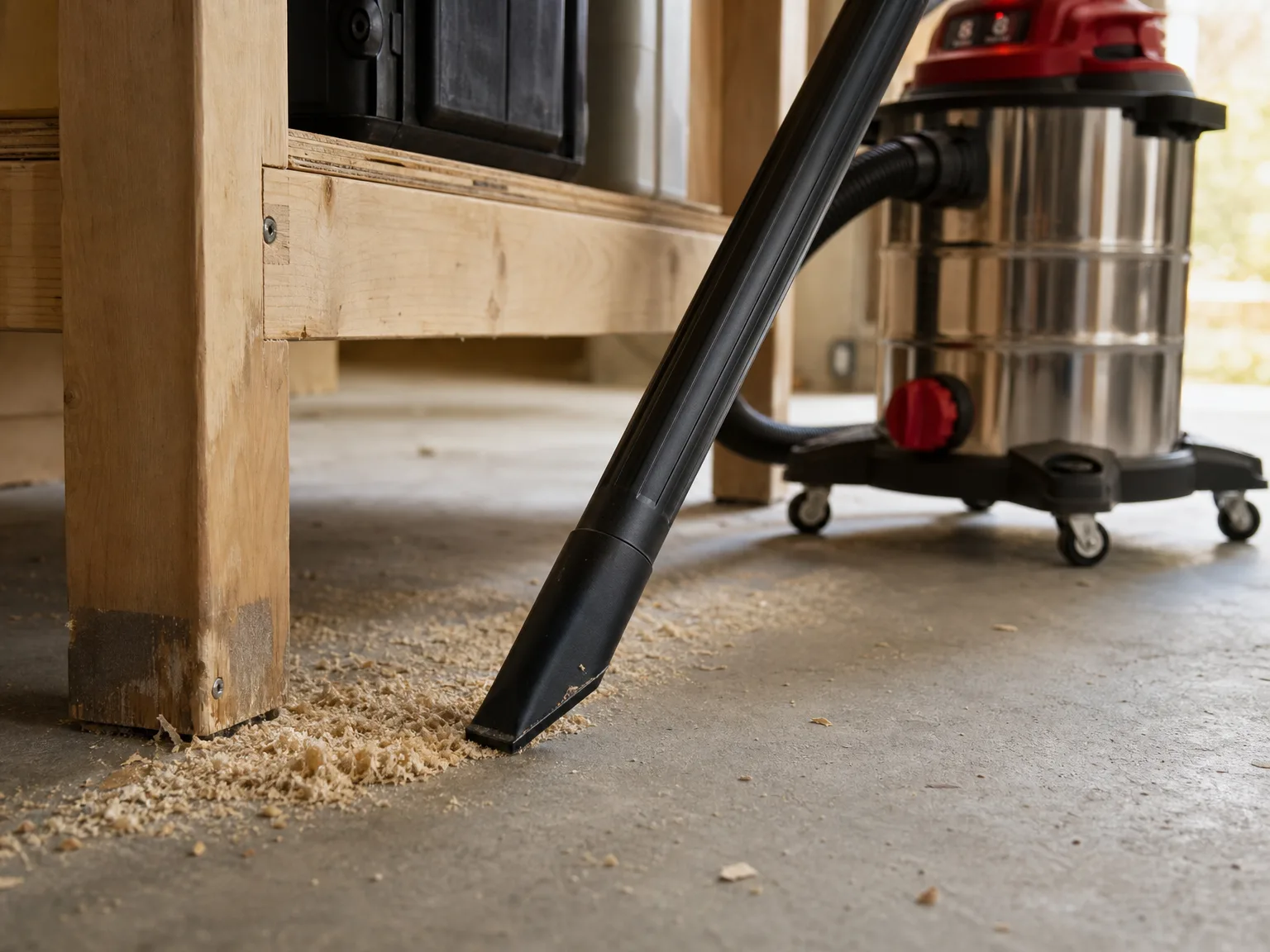 Close-up of a shop vacuum crevice nozzle lifting sawdust and wood shavings from the base of a workbench on a concrete garage floor