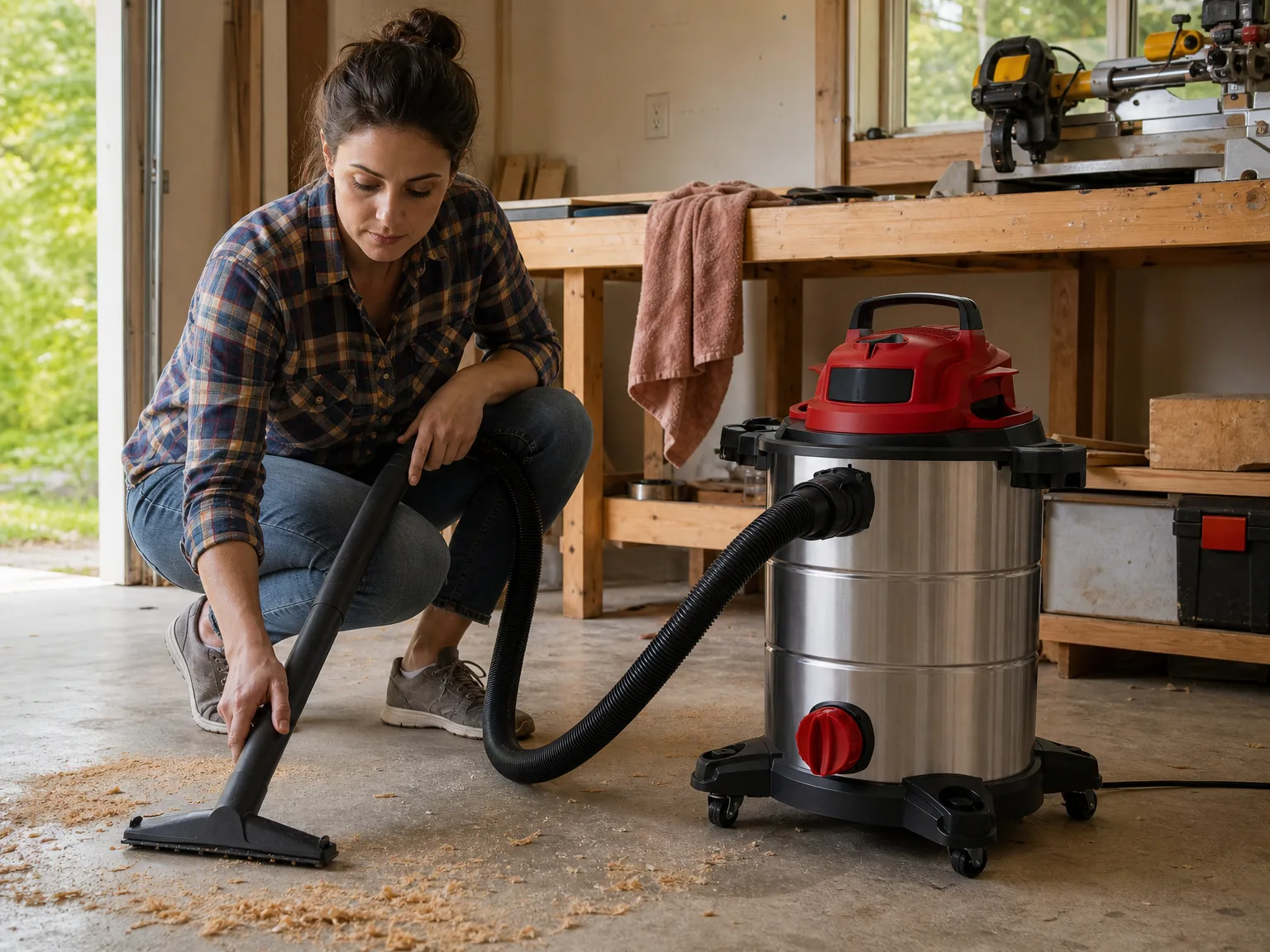 Woman in her early thirties crouching beside a stainless steel shop vacuum in a sunlit home garage, guiding the hose along a concrete floor covered in sawdust