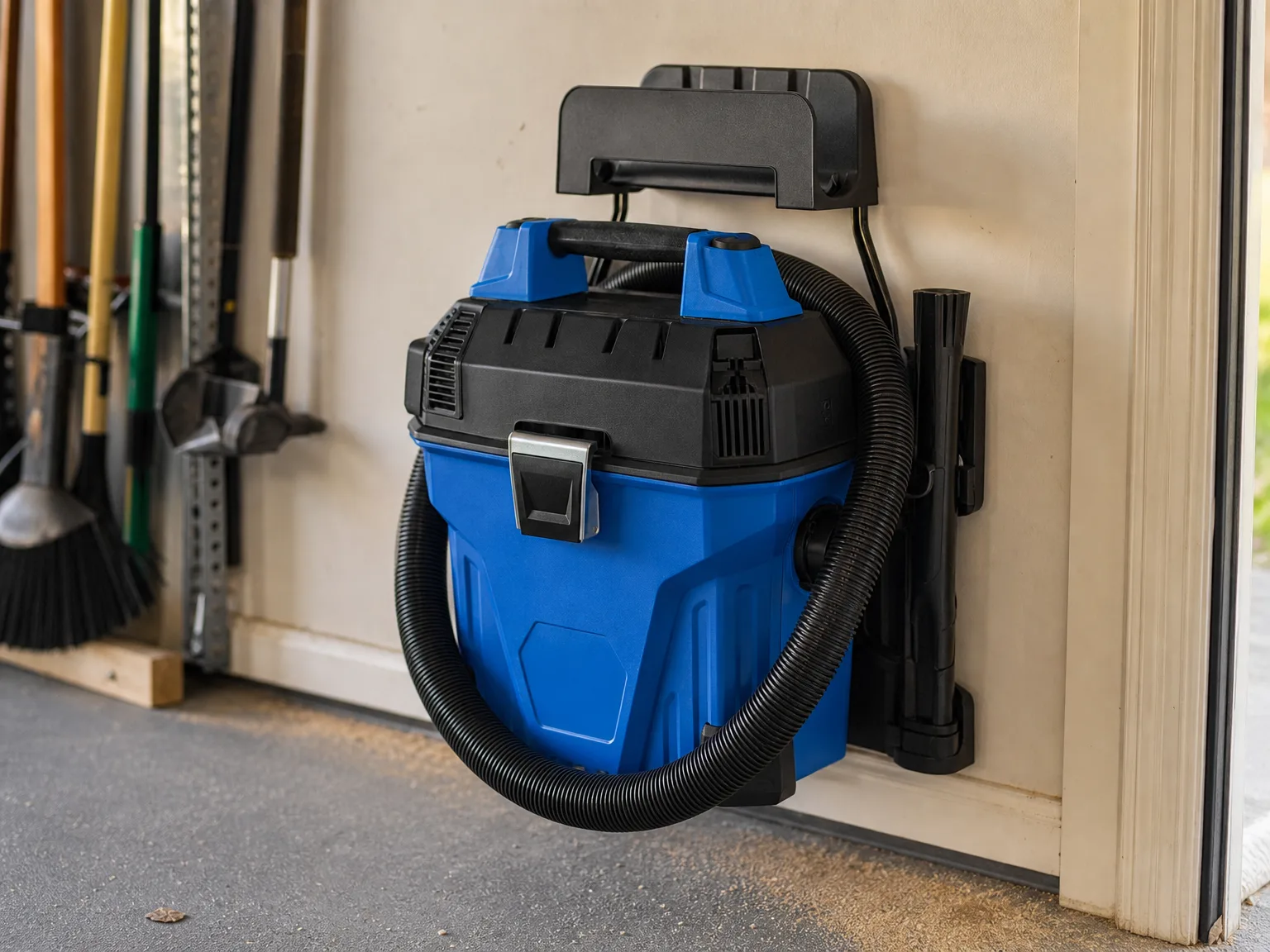 Close-up of a wall-mounted shop vacuum canister on its bracket with the hose coiled around it above a swept concrete garage floor