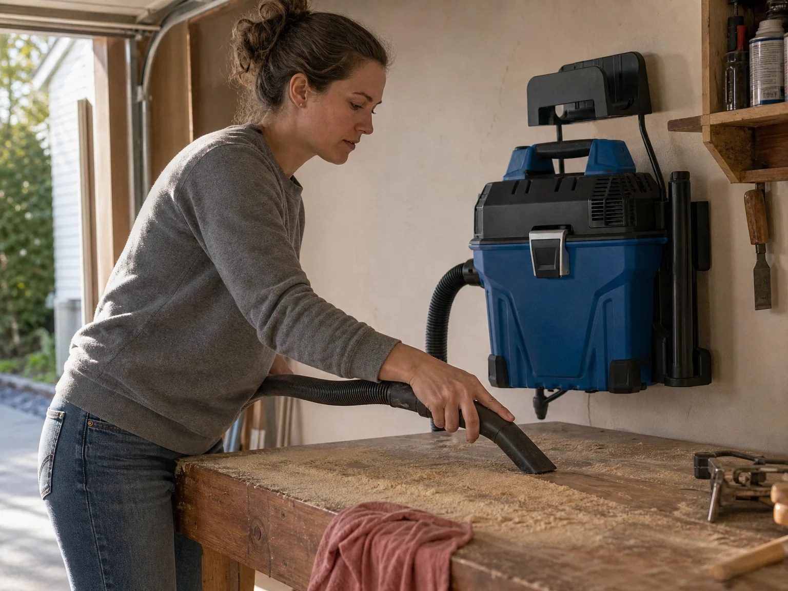 A woman in her thirties using a wall-mounted garage vacuum hose to clean sawdust from a workbench in a sunlit garage