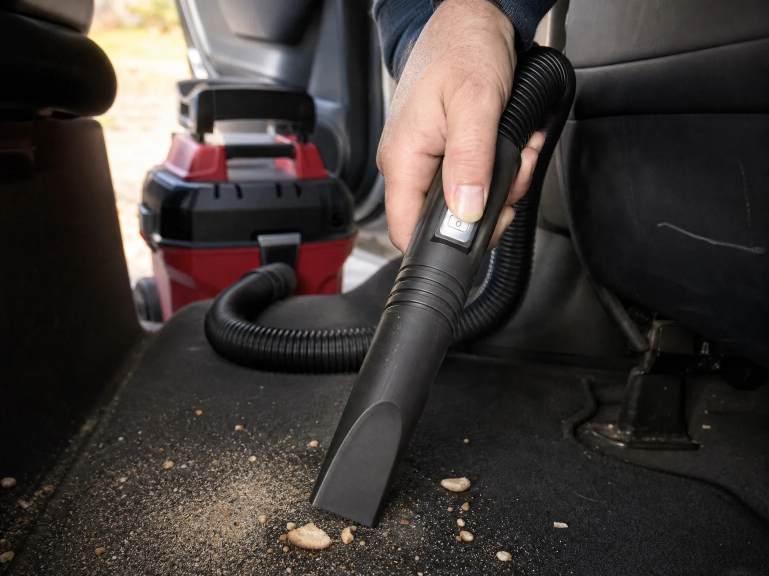 Close-up of a shop vacuum hose handle with a thumb resting on the remote power switch, held over a car floor mat scattered with sand and crumbs