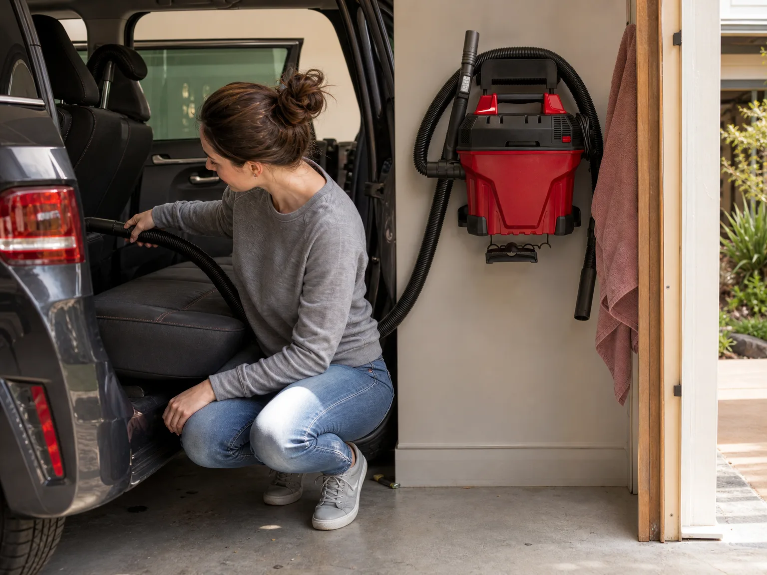Woman in her early thirties crouching in the open rear door of a car in a garage, guiding a shop vacuum hose across the back seat with her thumb on the handle switch