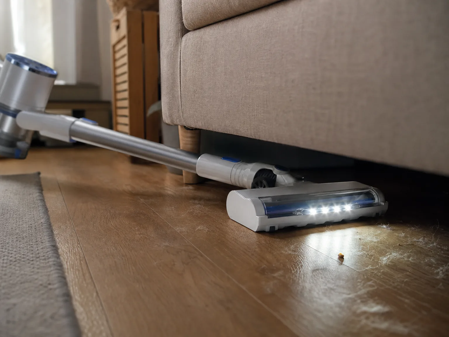 Close-up of a slim cordless vacuum floor head with its LED headlight sliding under a low sofa across warm hardwood dusted with pet hair