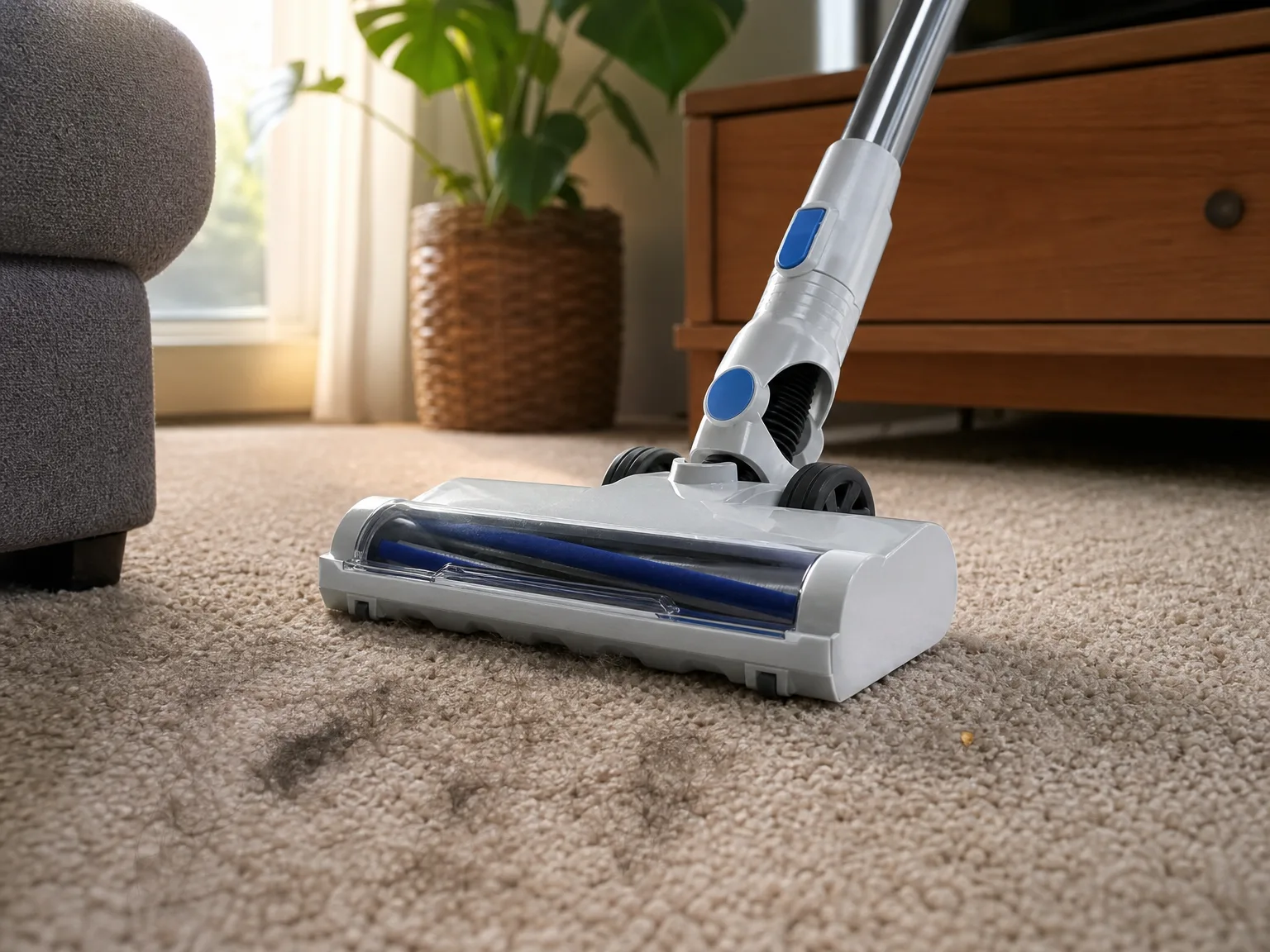 Close-up of a cordless vacuum brush head pressed into a medium-pile beige carpet with pet hair still visible in the fibers