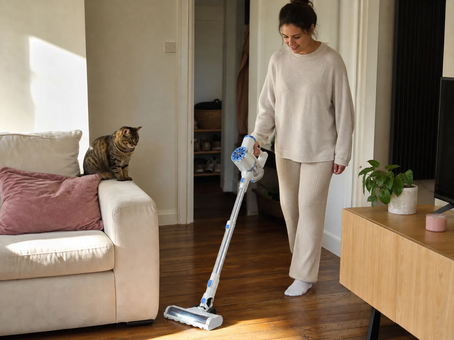 Woman in her thirties running a lightweight self-standing cordless vacuum across sunlit hardwood in a small living room with a cat watching from the sofa