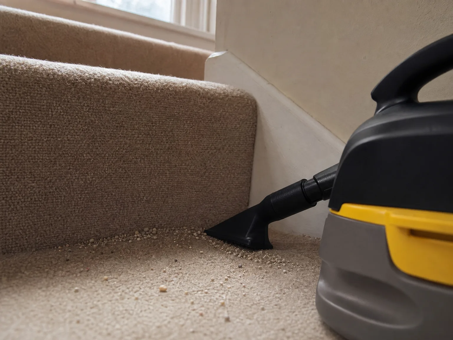 Close-up of a small shop vacuum nozzle lifting cat litter and grit from the edge of a carpeted stair tread