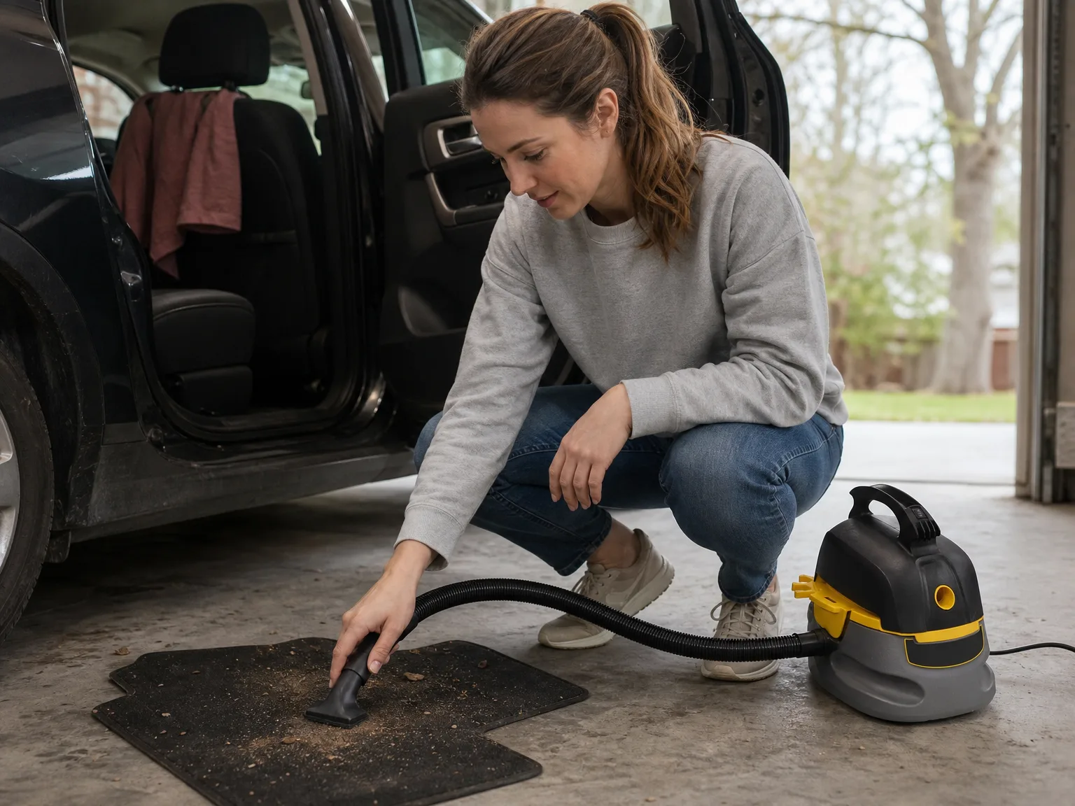 Woman in her early thirties crouching beside a compact wet/dry shop vacuum at an open car door, guiding the hose across the rear floor mat