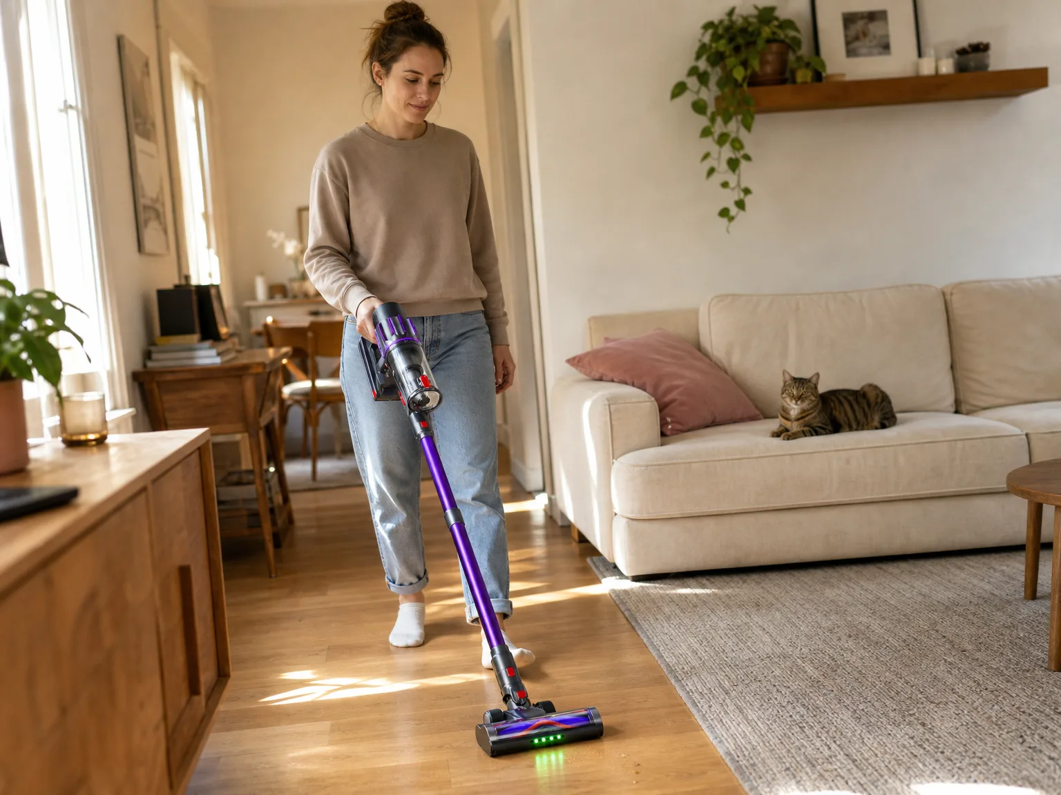A woman in her early thirties in casual weekend clothes running a self-standing cordless stick vacuum across sunlit hardwood beside a low-pile rug, a cat watching from a cream sofa