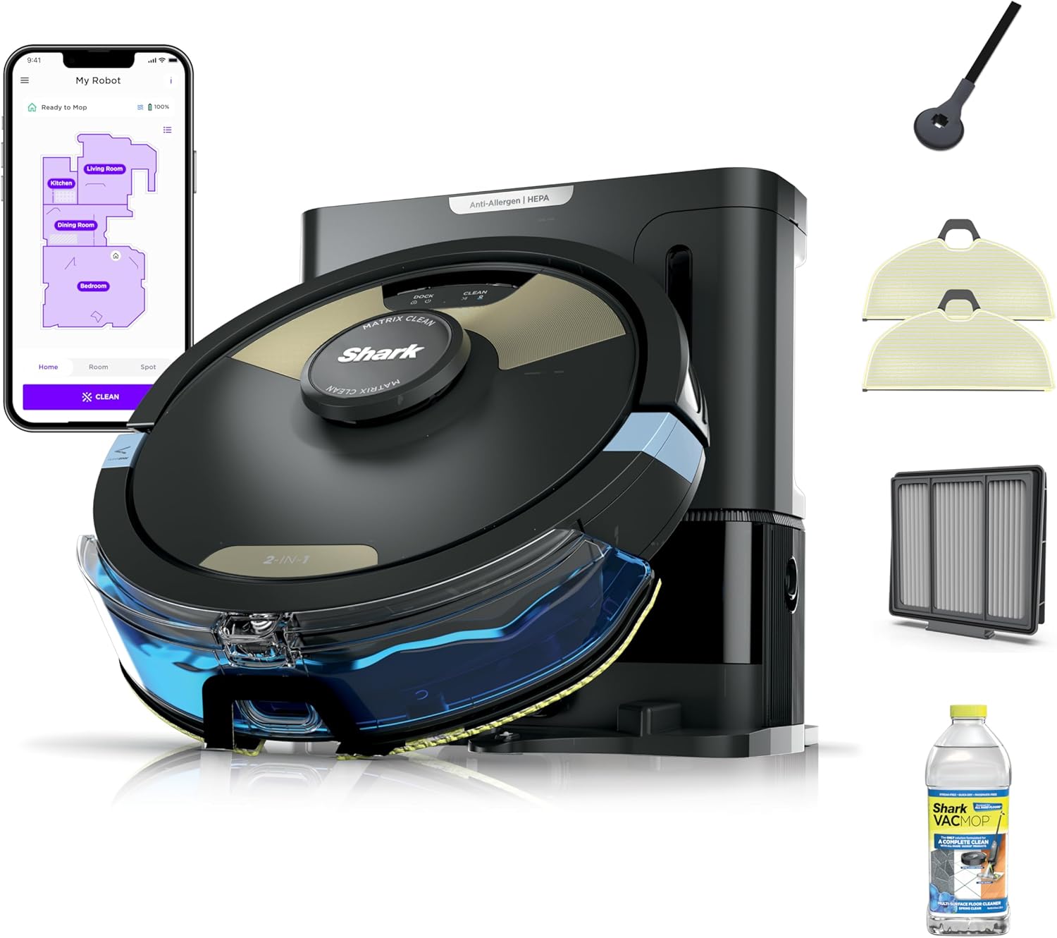 Shark Matrix Plus | 2-in-1 Robot Vacuum & Mop for Carpets & Hard Floors | Sonic Mopping & Powerful Suction for Pet Hair | Self-Empty Base | 60-Day Capacity | HEPA | LiDAR Nav | Black/Gold | AV2610WA